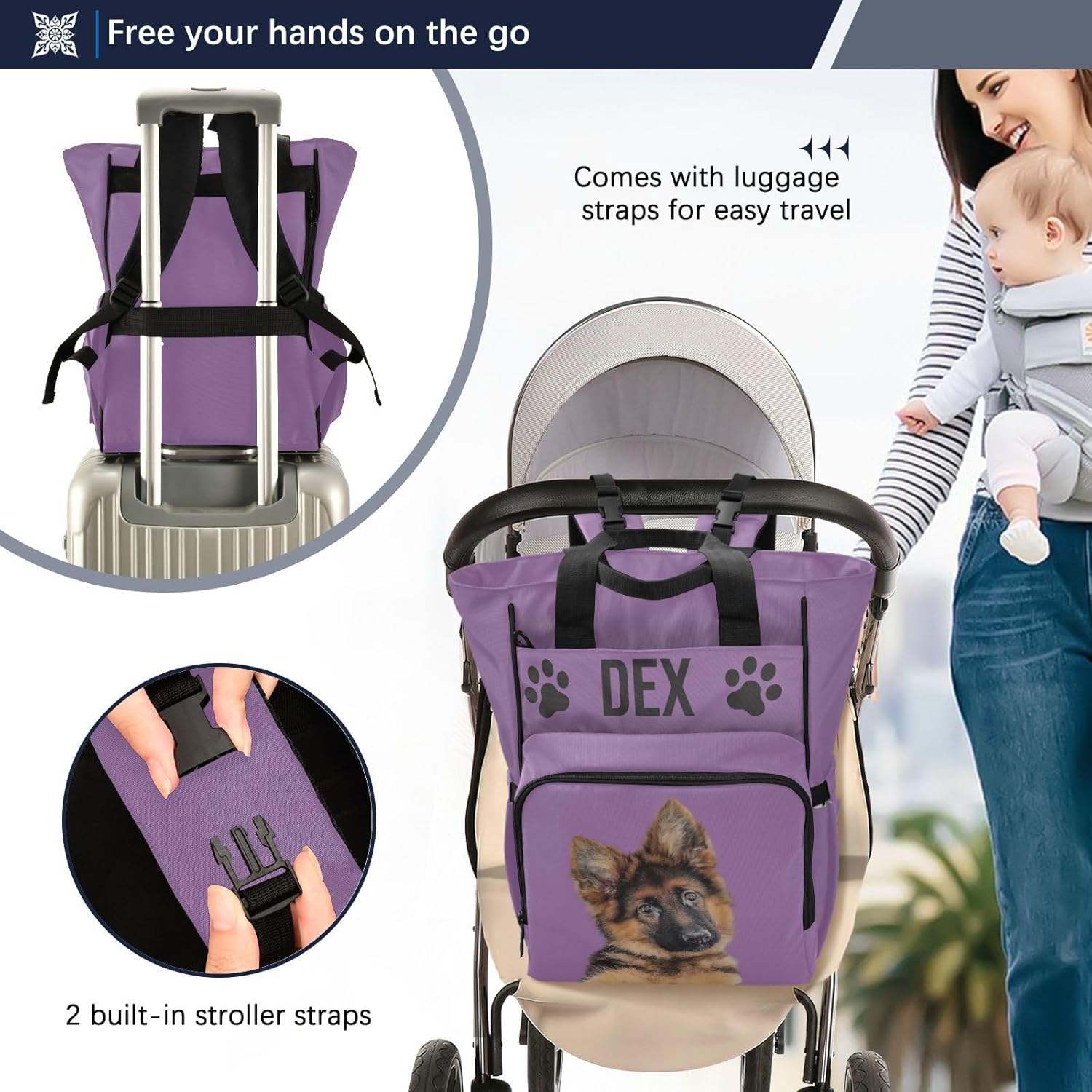 Emelivor Custom Purple Diaper Bag Dog Backpack Multi-Function Bags Personalized Nursing Bag with Stroller Straps for Baby Registry