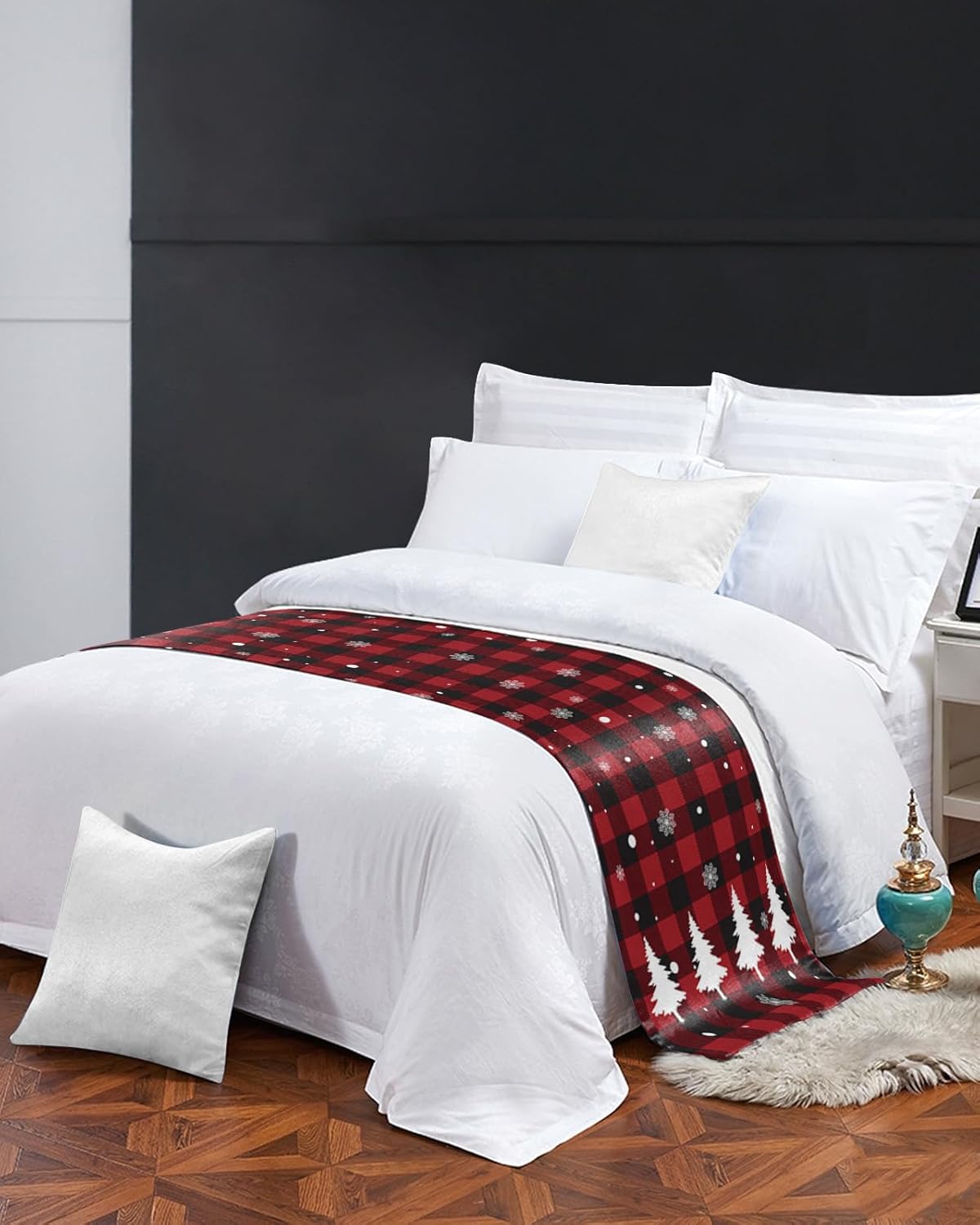 Teamery Bed Runners & Scarves, Christmas Tree and Snowflakes on Red Black Lattice Bed Runner, Bed Scarf Protector Decorative Accent Bedding Scarf for Hotels Homes and Guestrooms, 102 x 20 inches