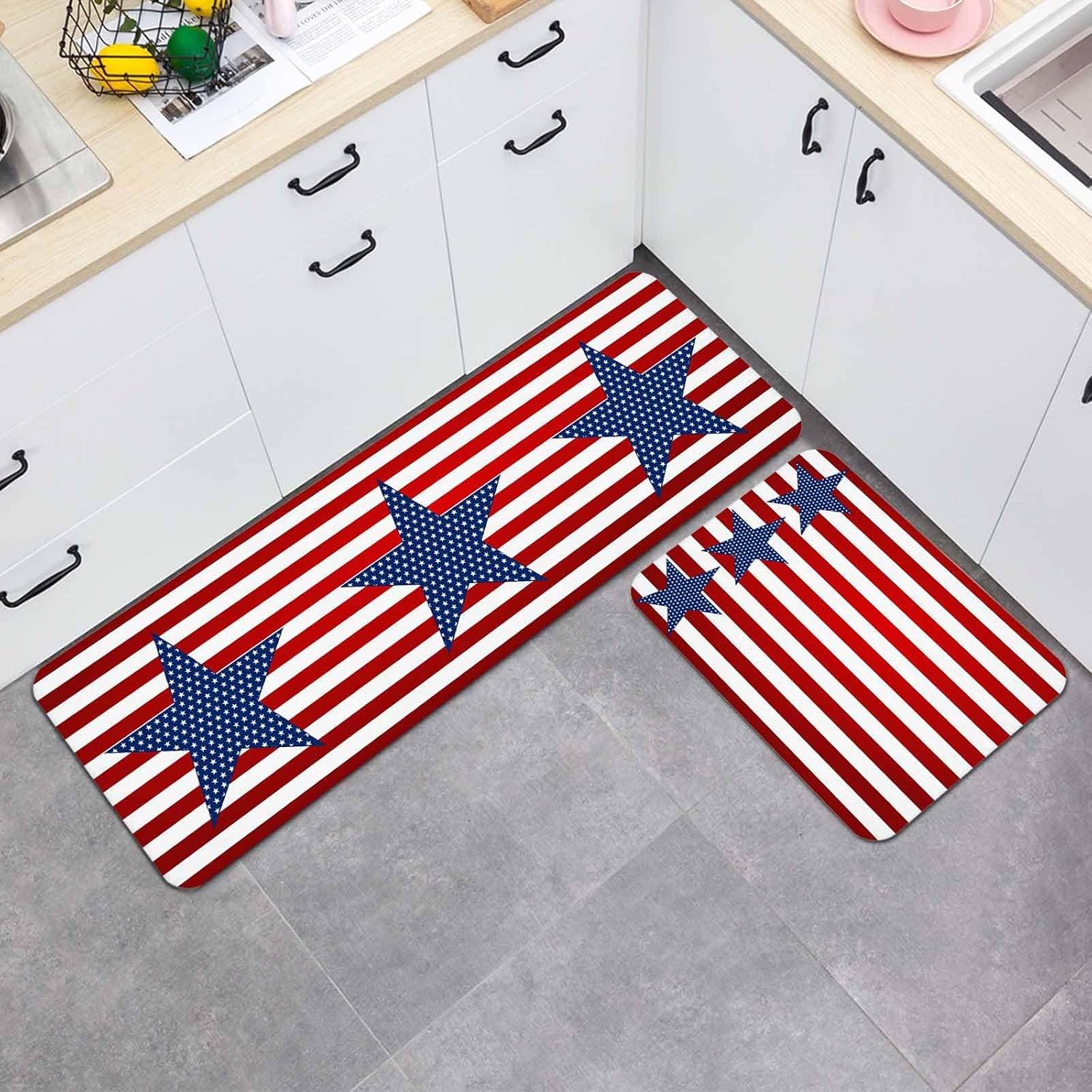 Prime Leader Flag Day Kitchen Mat Set 2 Pieces Abstract America Blue Star Red Stripes Non Slip Kitchen Rugs Washable Runner Rug Mats for Sink Laundry (19.7" x 31.5"+19.7" x 47.2")