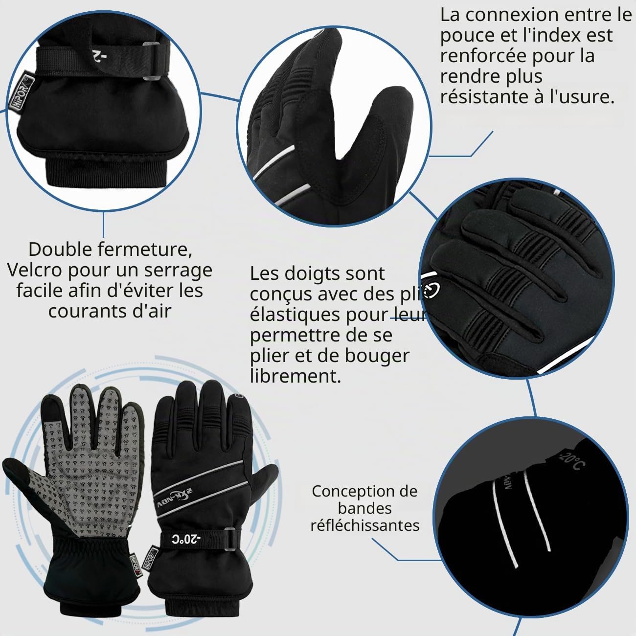 Gants de Ski Homme Femme - Gant Snowboard Homme Imperméables et Tactile, Gants 3m Thinsulate Hiver Noir, Men's Ski Gloves, for Cold Weather (Mesurez Tour de Paume Avant de Commander)