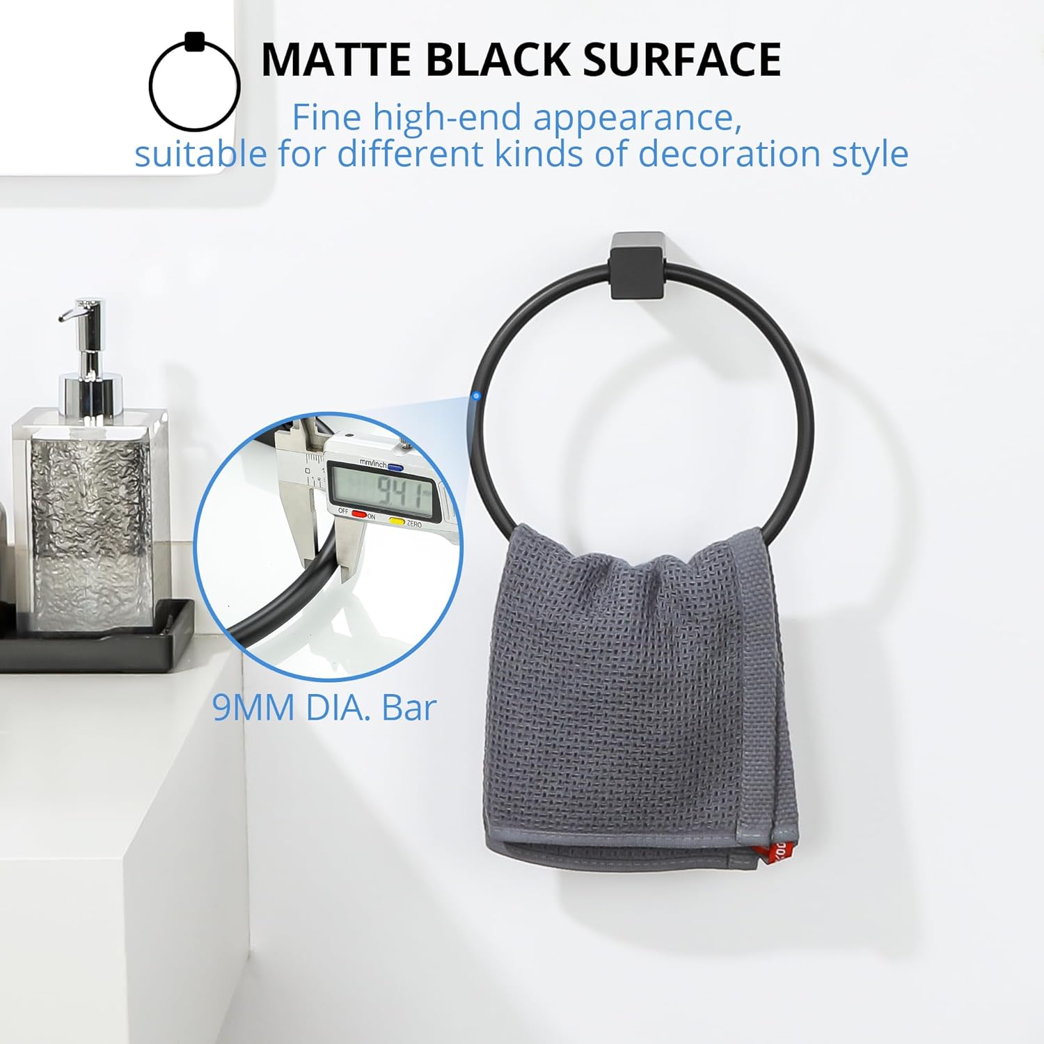 Black Towel Ring Hand Towel Holder Wall Mounted Bath Towel Rail for Bathroom Small Towel Rack Kitchen sus304 Stainless Steel, 9mm Dia bar, Square Base Design