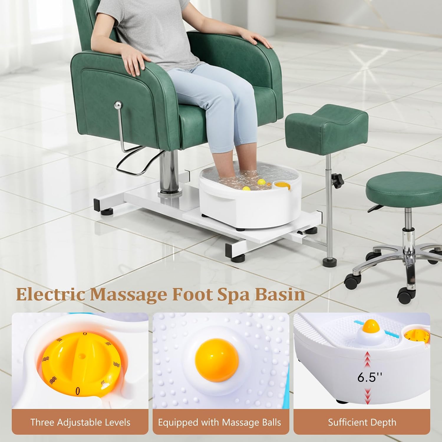 OmySalon Pedicure Chair No-Plumbing with Bubble Foot Bath & Stool, 360° Rotation Hydraulic Adjustable Seat for Nail Tech Beauty Salon & Home Use(Green)
