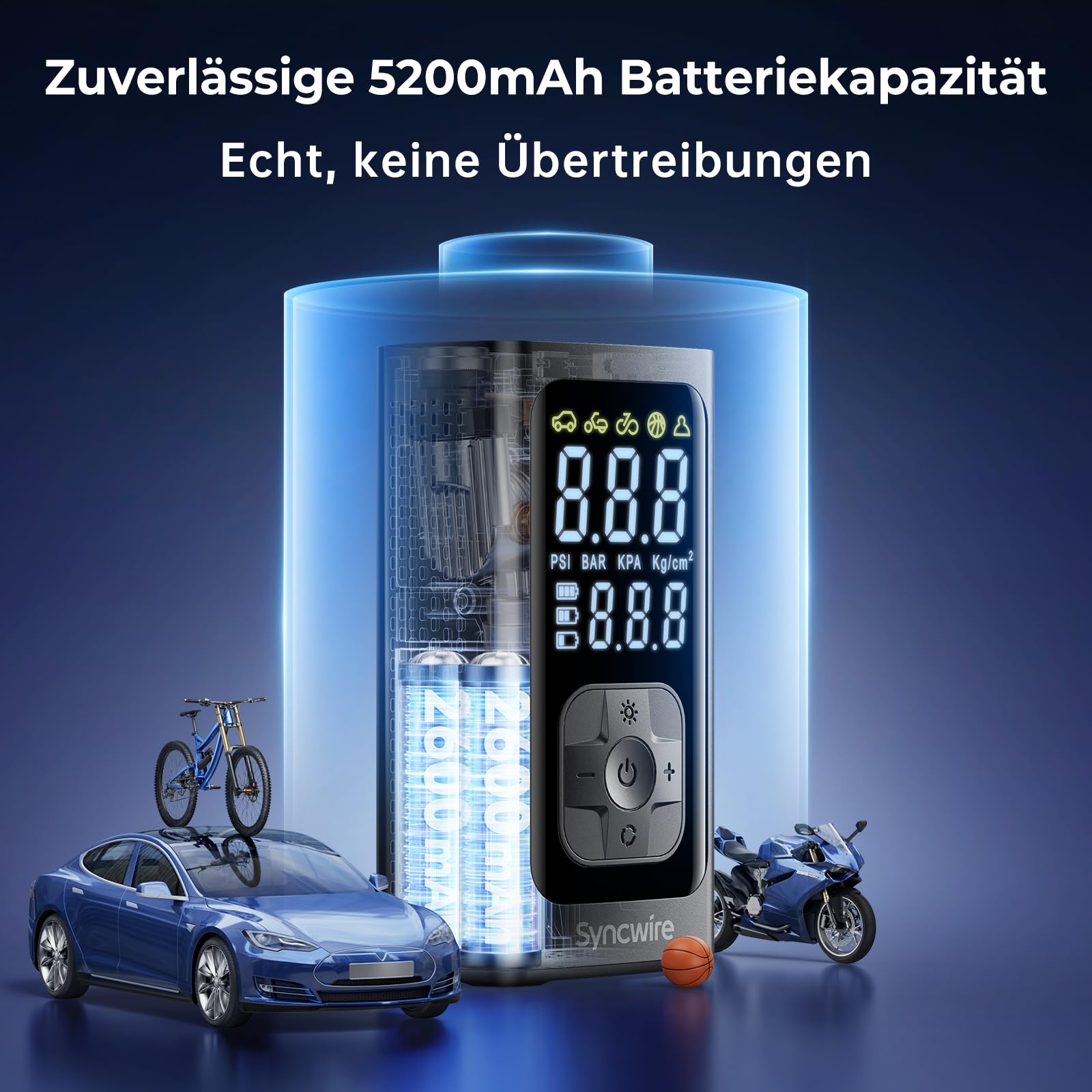 Syncwire Tragbarer Luftkompressor Mini Reifenpumpe - 10.35Bar Schnellere Elektrische Luftpumpe Autoreifenpumpe Car Inflator für Auto, Motorrad, Fahrrad & Bälle, mit Ventilkappen für Reifen, Großes LCD