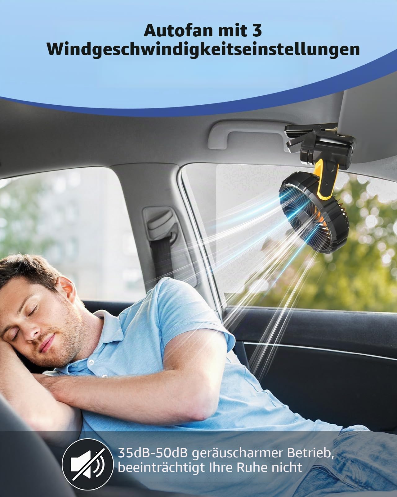 Akku-Ventilator für Auto-Sonnenschutz, Rücksitz & Dachgriffe, leiser tragbarer Clip-Autoventilator für SUV, Van, Wohnmobil, Pickup, Camping, Schreibtisch, Bett, Kinderwagen & Babybett - Gelb