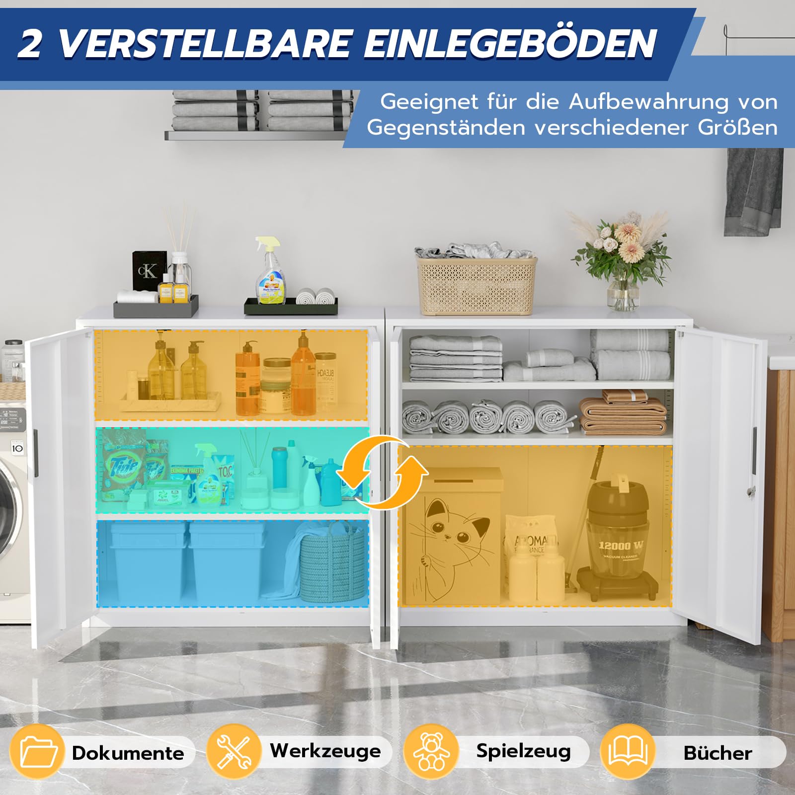 YOUDENOVA Aktenschrank,90 x 90 x 40 Metall Aktenschrank Abschließbar mit 2 Türen,Mehrzweckschrank mit 3 Ebenen,Weiß Mehrzweckschrank mit verstellbare Ablagen