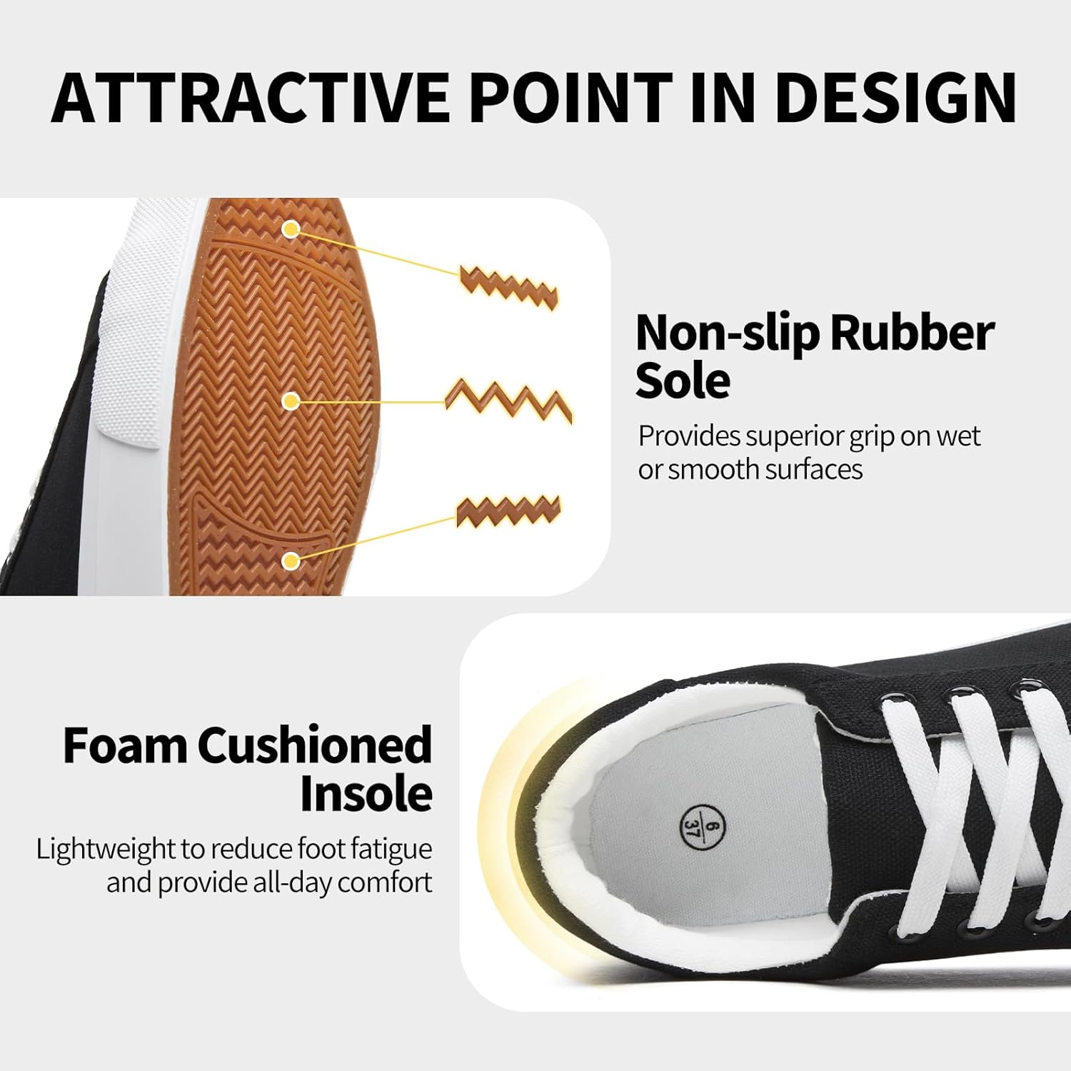 Rominz Women's White Canvas Sneakers Black Casual Non Slip Shoes Lightweight Comfortable Walking Shoes for Women - Image 5