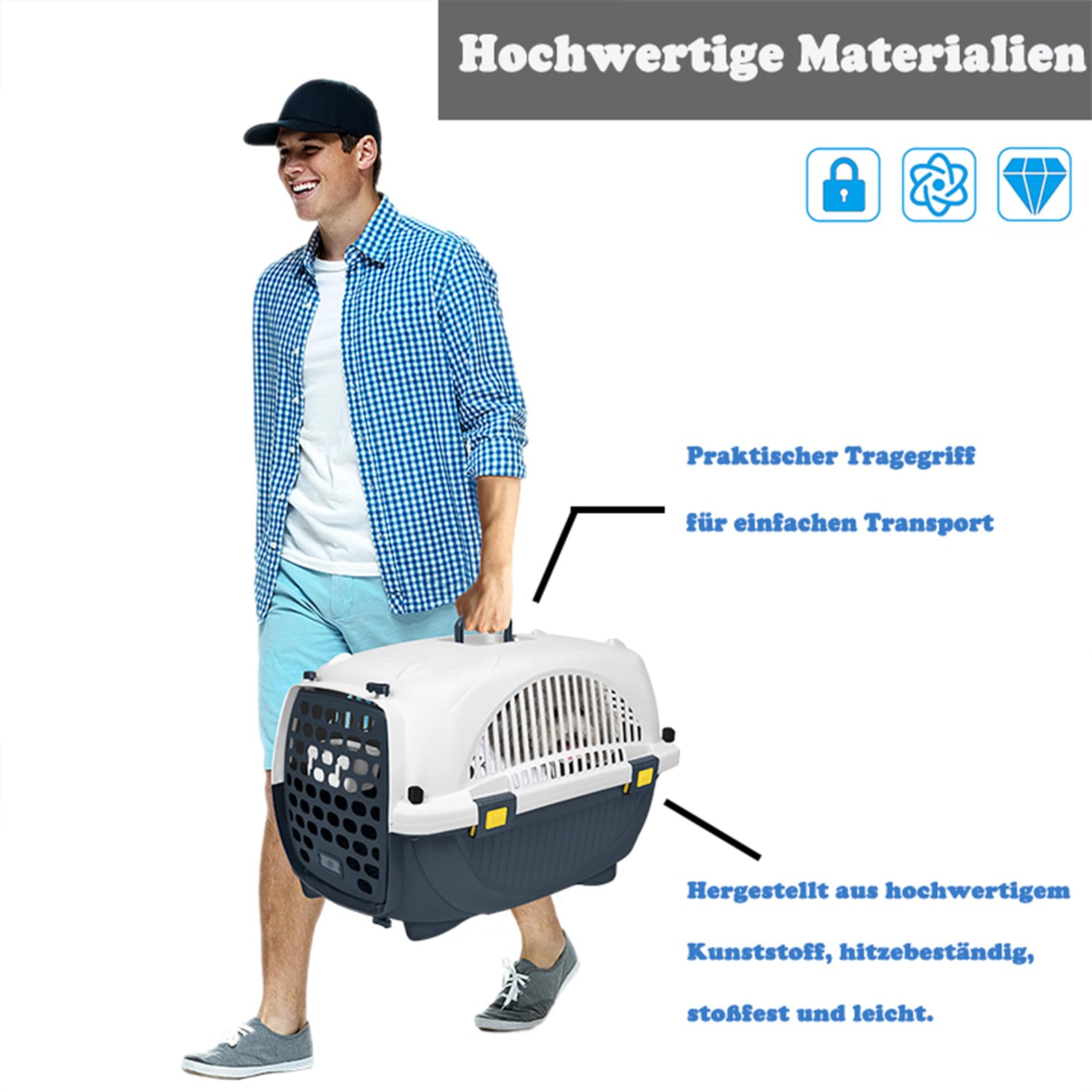 Aufun Cage de transport pour animaux de compagnie pour petits chiens et chats en plastique, 61 x 37 x 37 cm, boîte de transport pour chien, peut supporter jusqu'à 10 kg, porte avant, coussin et