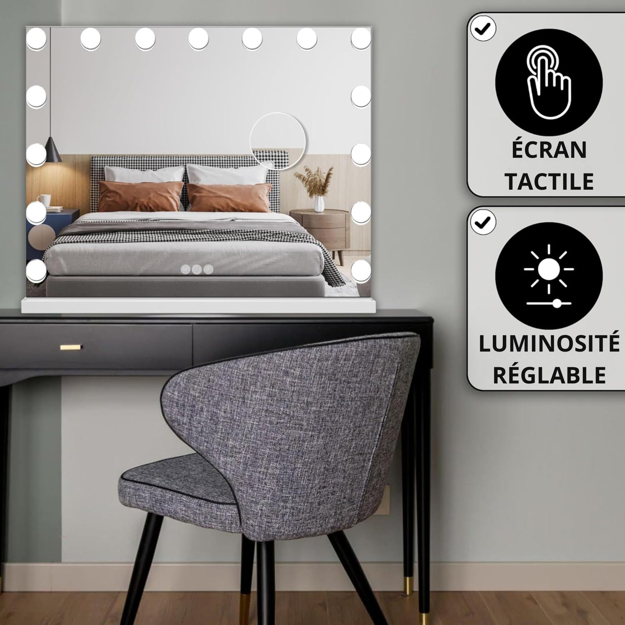 Bayt Miroir Coiffeuse Hollywood avec Bluetooth 58x46 cm – Miroir LED Maquillage Lumineux Connecté | Miroir Tactile Dimmable avec Miroir Grossissant 10x à Poser ou Mural pour Chambre et Salle de Bain