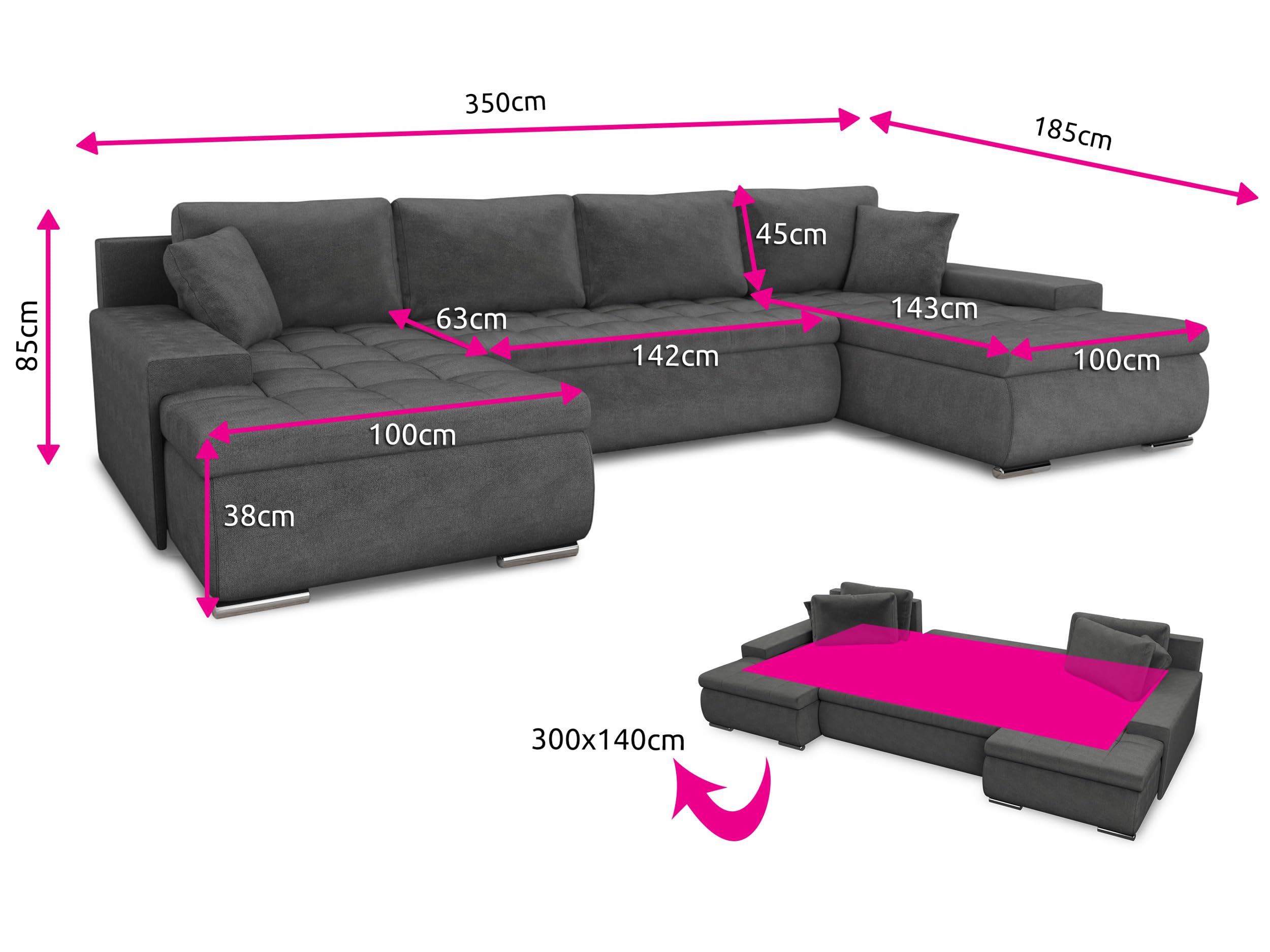 Sofnet Wohnlandschaft mit Schlaffunktion Faris U-Form - Couch, Schlafsofa mit Bettkasten, Couchgranitur mit Bettfunktion, Big Sofa, Bettsofa (Schwarz + Graphit (Madryt 1100 + Inari 94))