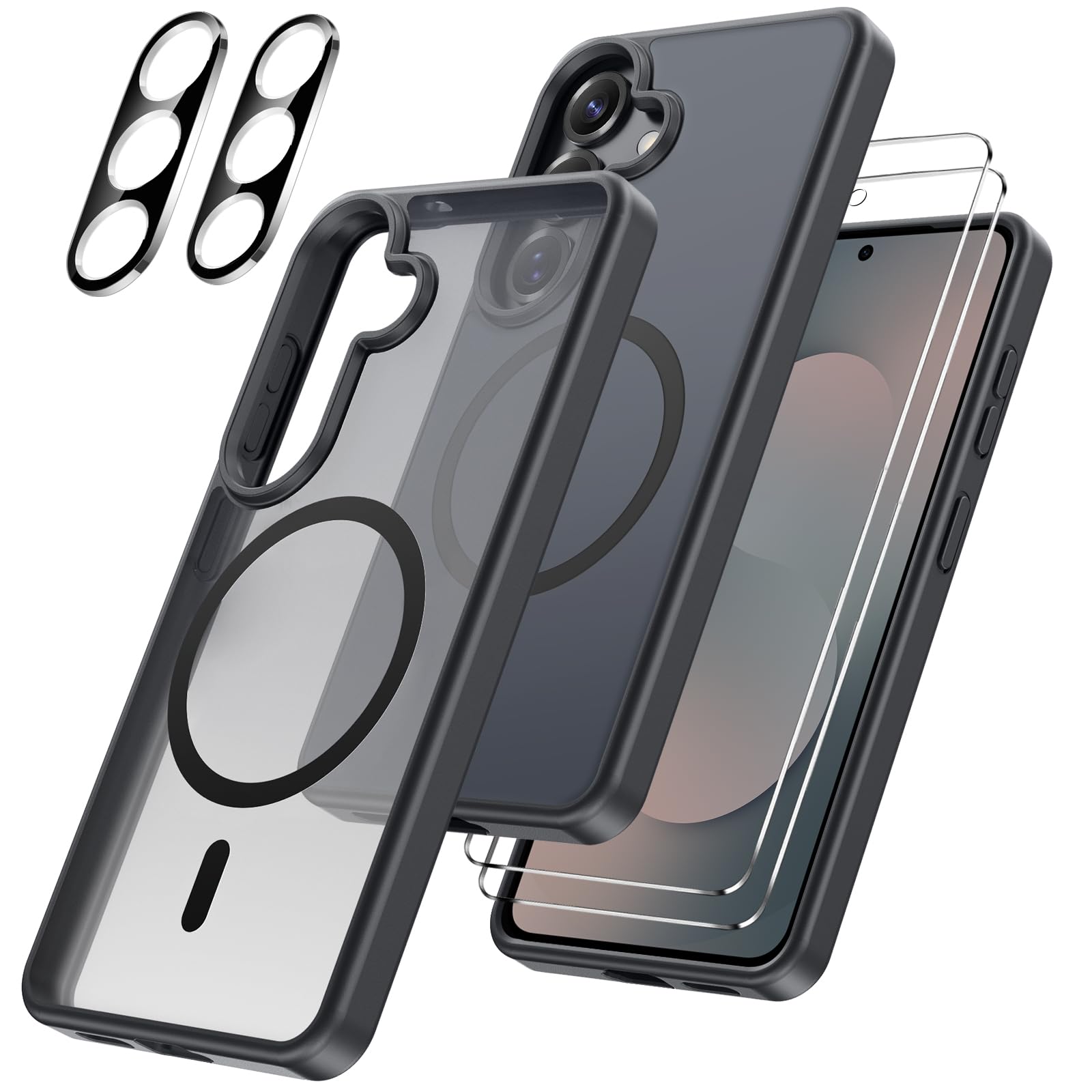 Cover per Samsung Galaxy S25 FE 5G Compatibile con 2 vetri temperati e 2 vetri per fotocamera, Translucent Matte Slim Back PC+TPU Bumper Shockproof Compatible Magnetic Cover per Samsung S25 5G - Nero