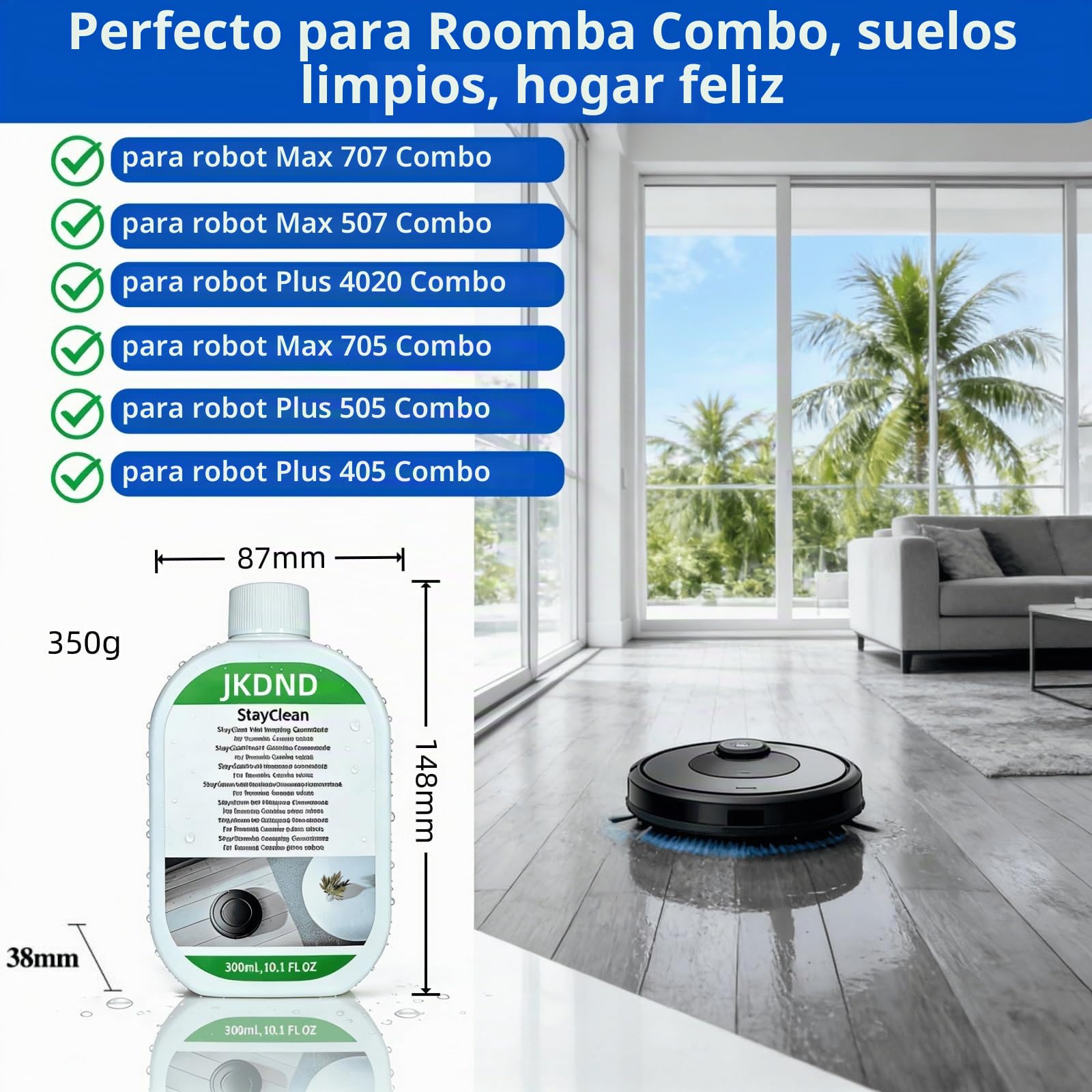 StayClean Solución Concentrada, Líquido De Limpieza De Baja Espuma for Robot Aspiradora, Compatible con Roomba 705/505/405 Plus/Max Serie, Fragancia Fresca, Sin Residuos (3x300ml)