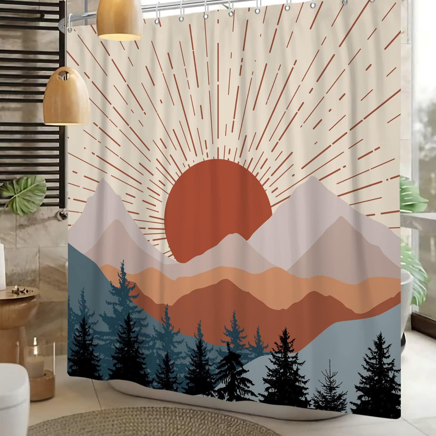 UIYIUI Mid Century Boho Shower Curtain for Bathroom Decor 45x87in-115x220cm Abstract Mountain Sun Waterproof Fabric Shower Curtain Set with Hooks for for Shower Stall Bathtubs Restroom