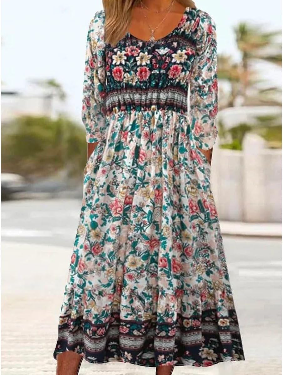 ABINGOO Damen Kurzarm Rundhals Sommerkleid Boho Blumendruck A-Linie Kleid Lose Midikleid Freizeitkleid Strandkleider mit Taschen - Image 2