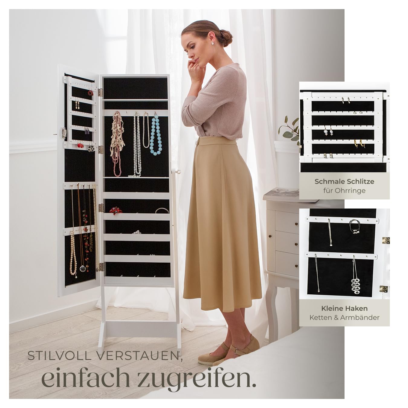 tectake® Schmuckschrank, Standspiegel mit Schmuckkasten, Spiegel groß mit Schrank Organizer für Schmuckaufbewahrung, Schmuck Organizer Geheimversteck Schrank Schlafzimmer - Weiß
