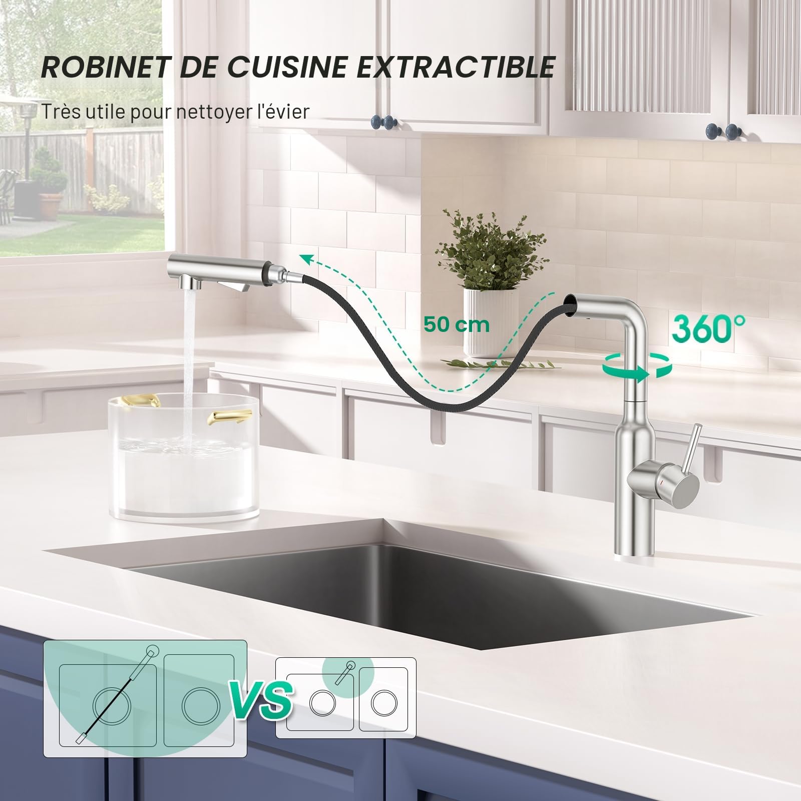 CREA Robinet D'évier de Cuisine avec Douchette Extractible, Mitigeur Monocommande avec pulvérisation Nagnétique Rétractable, brossé