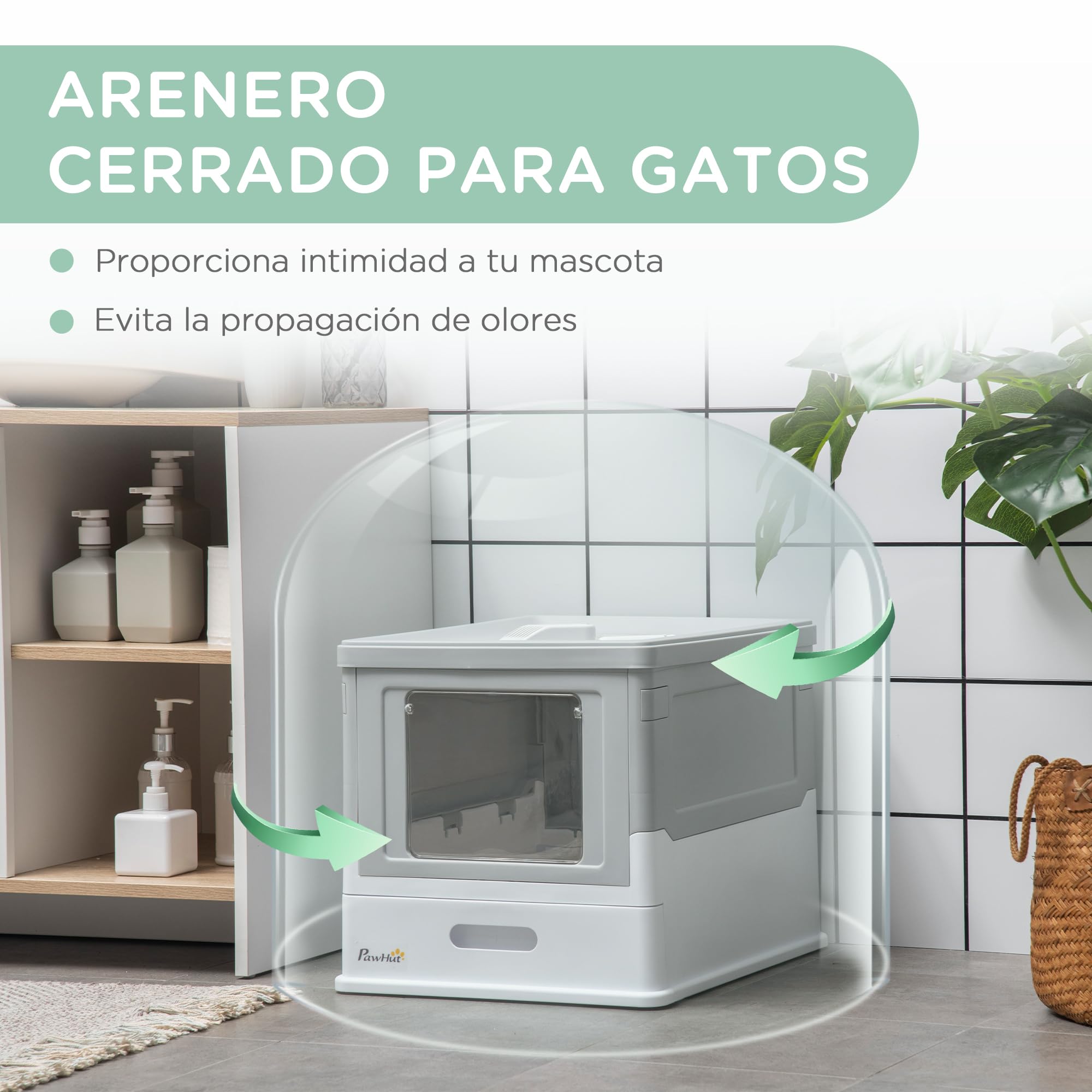 PawHut Arenero para Gatos Plegable Bandeja Extraíble Tapa Gris y Blanco | Caja de Arena para Gatos, Pala, Fácil de Limpiar, Control de Olores, Antichapotones, para Raza Pequeña y Mediana