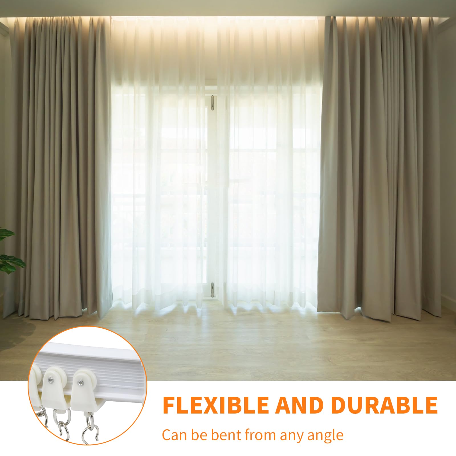5 m Binario Curvo Tende a Soffitto, 110 Pcs Sistema di Binario Flessibile e Montaggio Accessori, Kit di Binari per Parete Finestre Stanze Divisore Tenda Doccia, Bianco (B)
