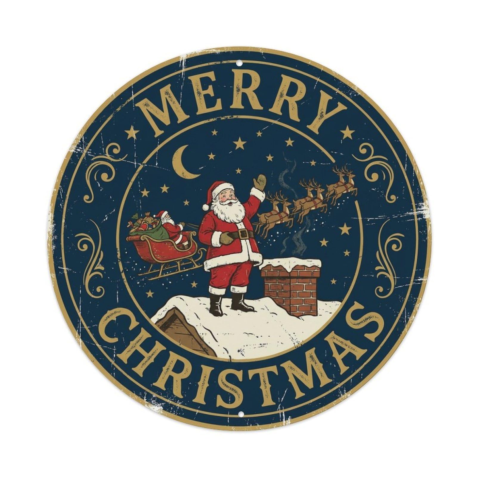 Merry Christmas Santa Waving Rooftop Metal Tin Sign