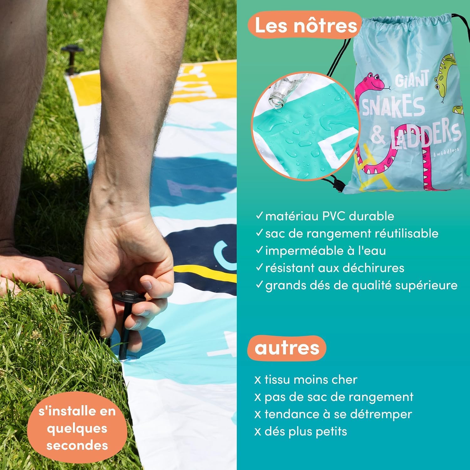 THE TWIDDLERS XXL Jeu Serpents & Échelles avec Dés Gonflables & Sac à Cordon - Jardin Géant & Jeu de Société, Snakes & Ladders pour Enfants & Adultes - 300x300cm