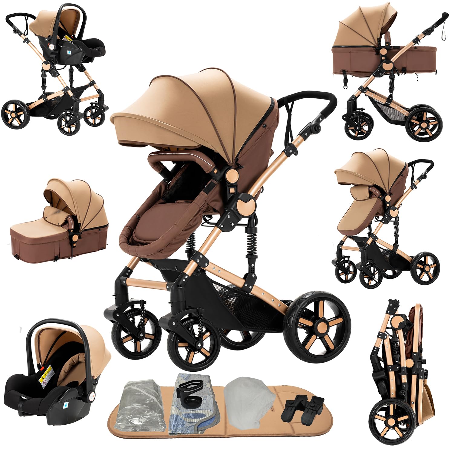 Kinderwagen 3 in 1, Buggy mit Umkehrbarem Zwei-Wege-Schub, Kinderwagen Rahmen Aluminiumlegierung, Kombikinderwagen 3 in 1 Einem Klick Faltbar Baby Kleinkind Neugeborene (khaki 588)