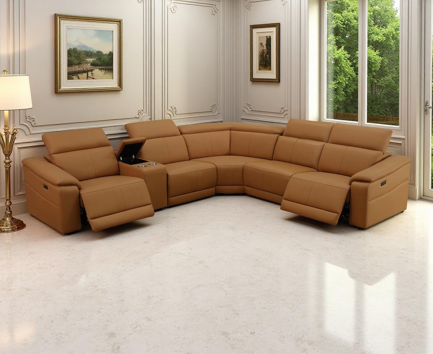 Living Room Sofa Sets, Light Brown Breathing Leather Power Reclining Power Sectional Sofa Set with 2 Recliner Seats/Cup Holders/Storage Console/UPS Port