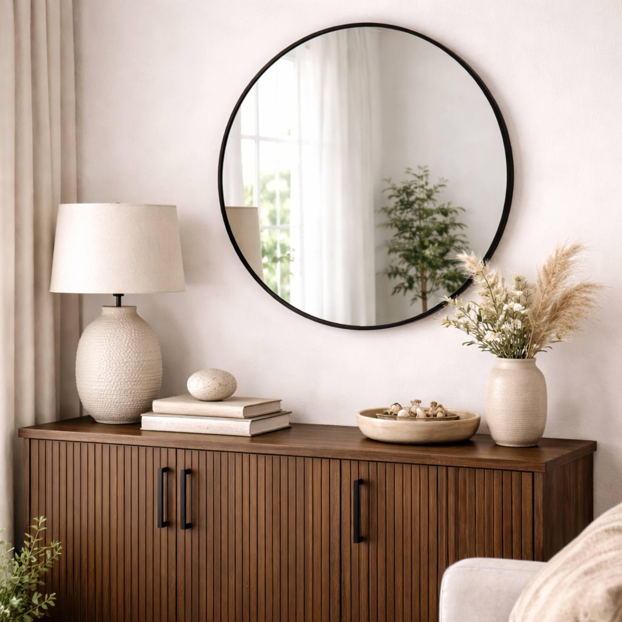 Well Home Espejo Redondo Ø60cm Marco de Madera en Acabado Negro, con Gancho Trasero, Ideal para recibidor o baño