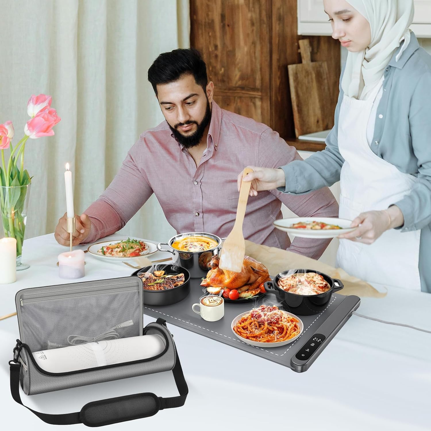 Food Warming Mat Bag, Universal Roll Up Hot Plates Heating Pad Storage Holder for KPPTYUM, for itrusou, for LNNIW, for Relixcozy& More Electric Warmer Tray, Ideal for Parties, Buffet, Travel-Case Only