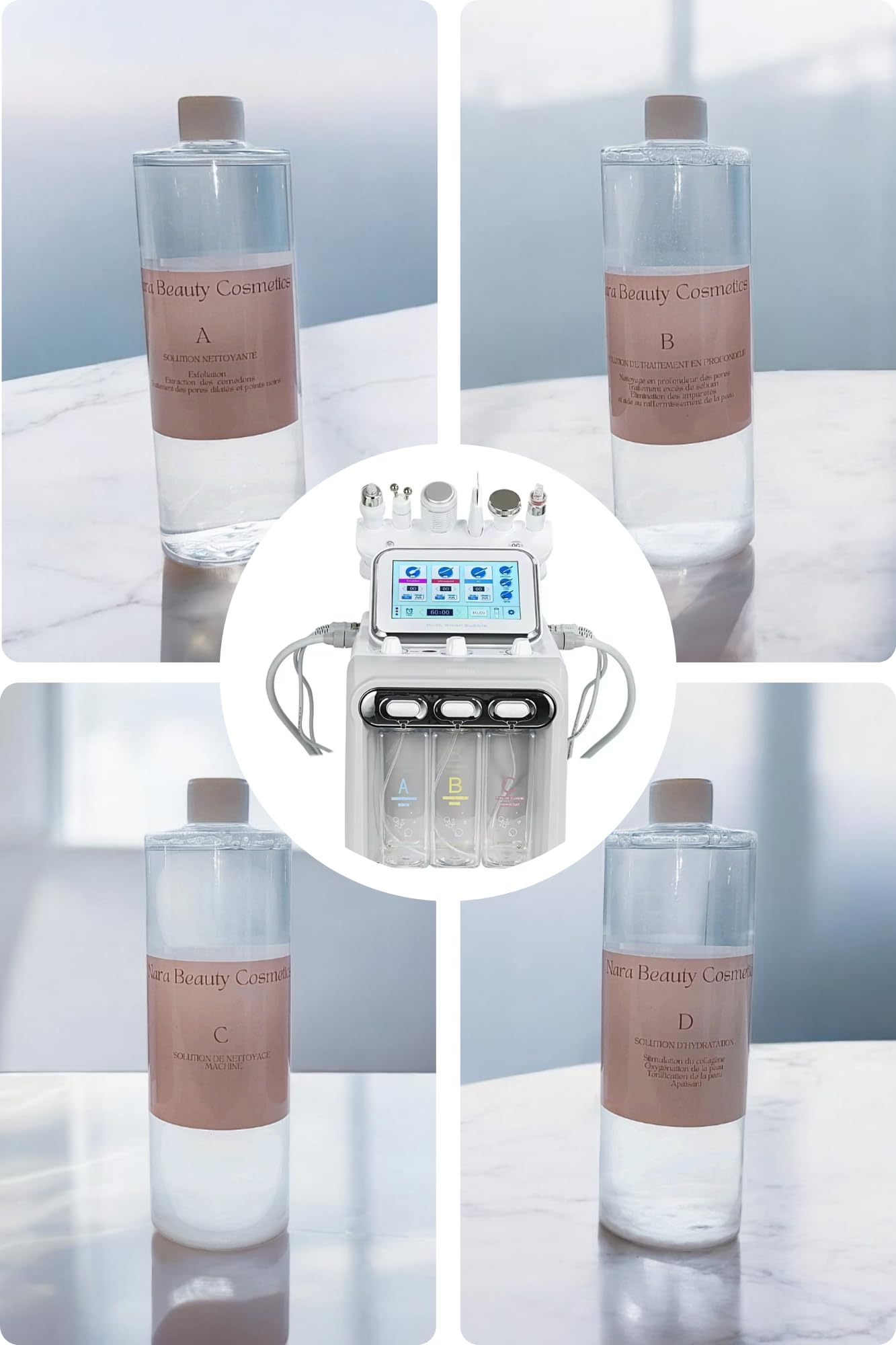 Kit Solutions pour machine Hydrafacial, 4 x 500 ml, Solutions de Nettoyage, Traitement, Hydratation et Entretien Machine - Nara Beauty Cosmetics