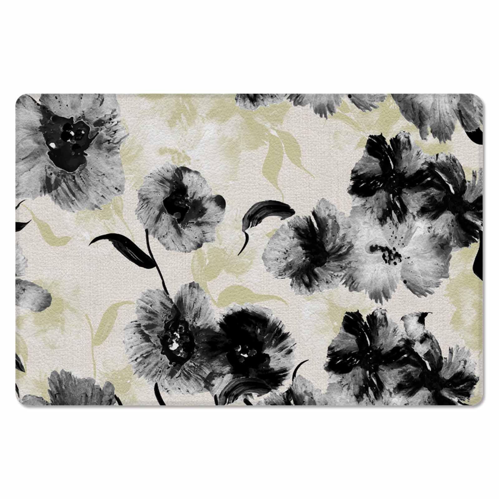 Farmhouse Flower Kitchen Bath Door Mat Cushioned Runner Rug,Washable Welcome Floor Sink Antifatigue Mat,Waterproof & Non-Slip Comfort Standing Doormat,Yellow Black Pastoral Flower Leaves 18