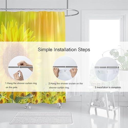 Miniatura 6 de Hipposama Cortina de ducha de girasol, juego de cortina de ducha de girasol amarillo de primavera campestre, cortinas de ducha florales de acuarela