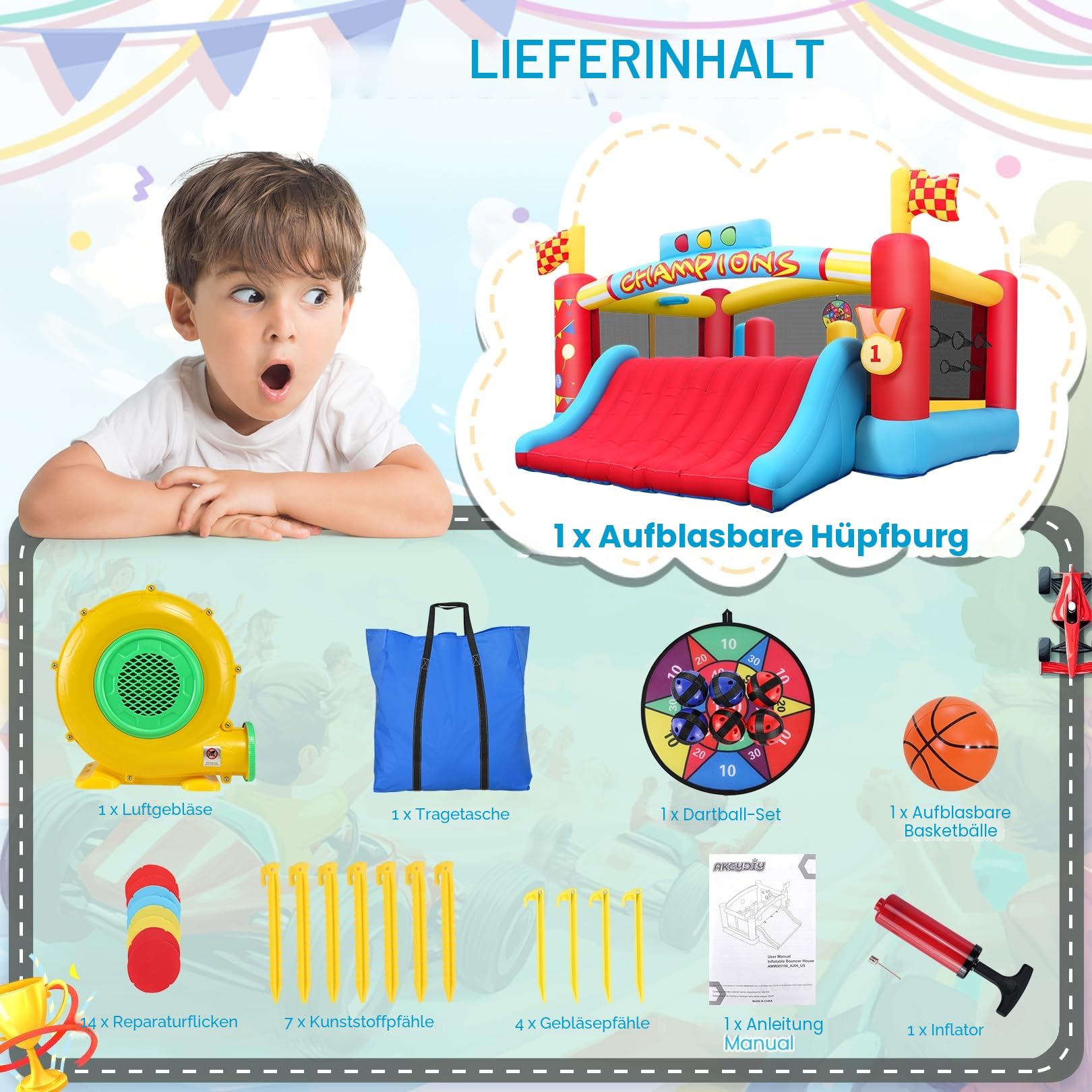 AKEYDIY Große Hüpfburg für Kinder - Aufblasbare Rutsche mit Kletterwand und Basketball - Rennthema Spielcenter für Garten - Komplettset mit Gebläse (XL Hüpfburg)