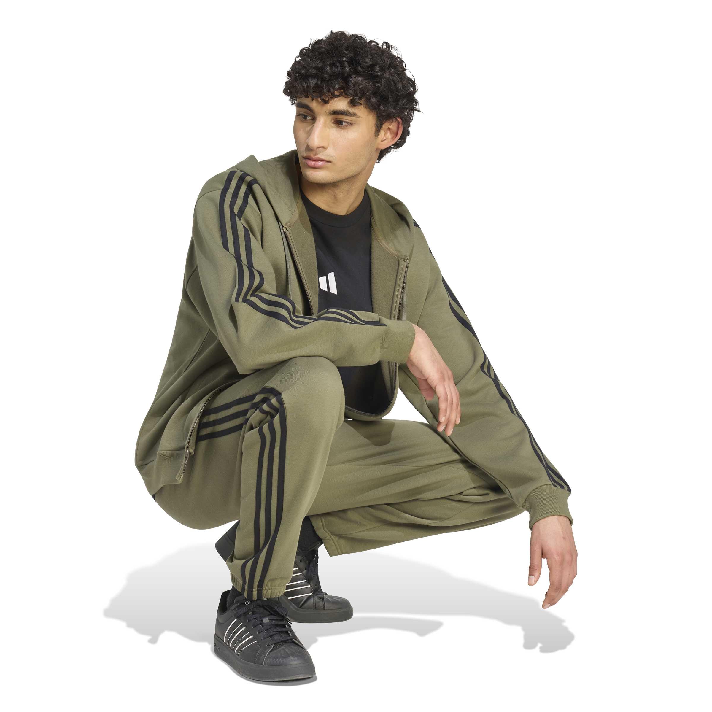 adidas Mezczyzni Essentials 3-Stripes Fleece Full-Zip Hoodie Sweatshirt, Olive Four/black, M