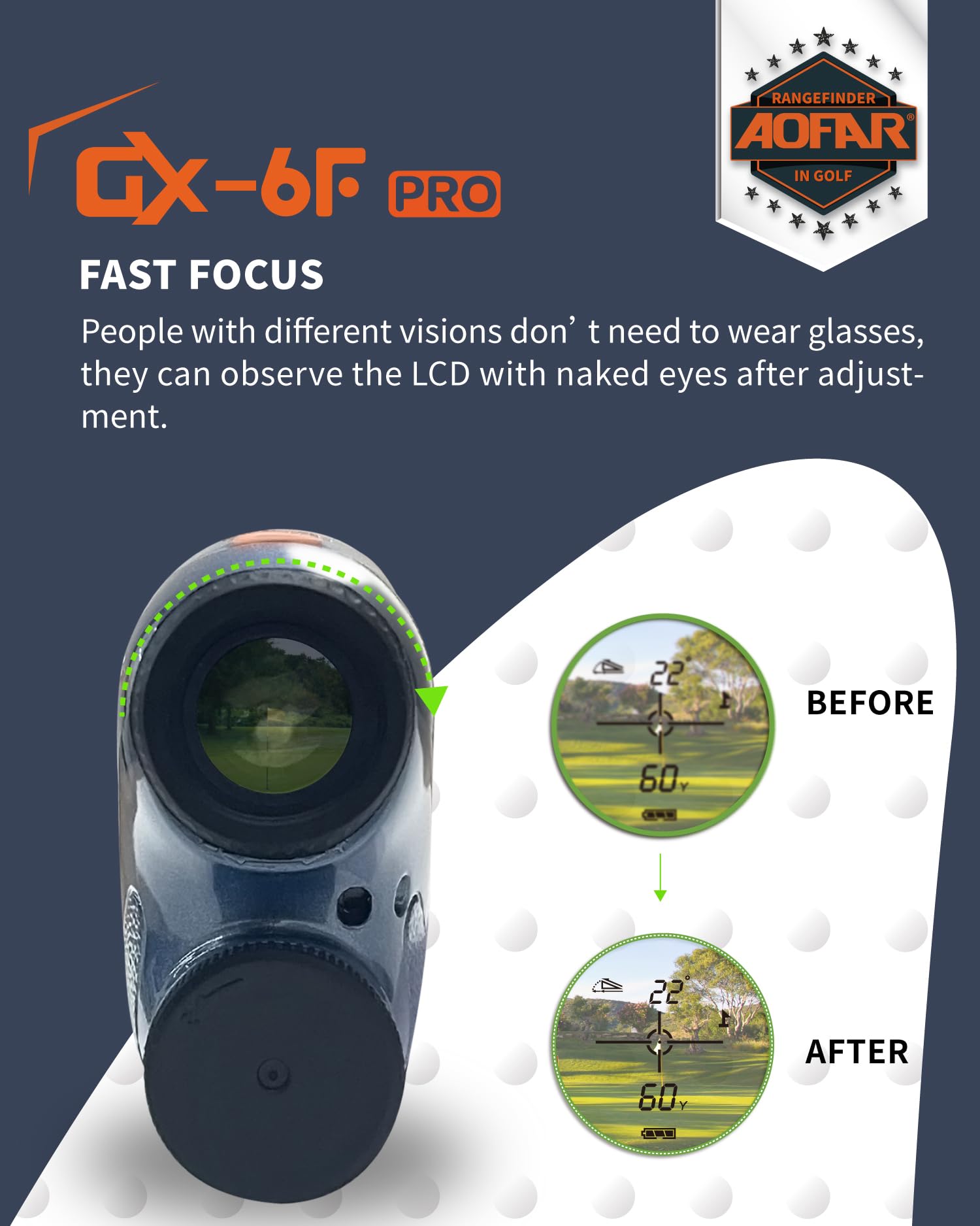 AOFAR GX-6F PRO Telemetro da Golf con Dispositivi di Pendenza Telemetro di Misurazione della Distanza con Scansione Continua, Blocco Bandiera con Vibrazione a Impulsi, Legale per la Competizione, 600Y