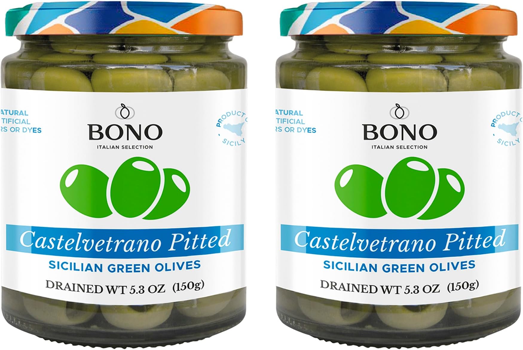 Castelvetrano Pitted Olives, 5.3 oz Authentic Nocellara del Belice Olives from Sicily, Italy – Mild Buttery-Sweet Flavor & Crisp Meaty Texture – All Natural, Non-GMO Project Verified [Pack of 2]
