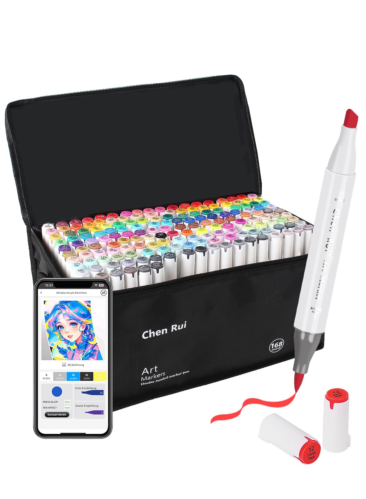 Chen Rui 168 Farben Alkohol Marker Pinselspitze mit App Alcohol Marker