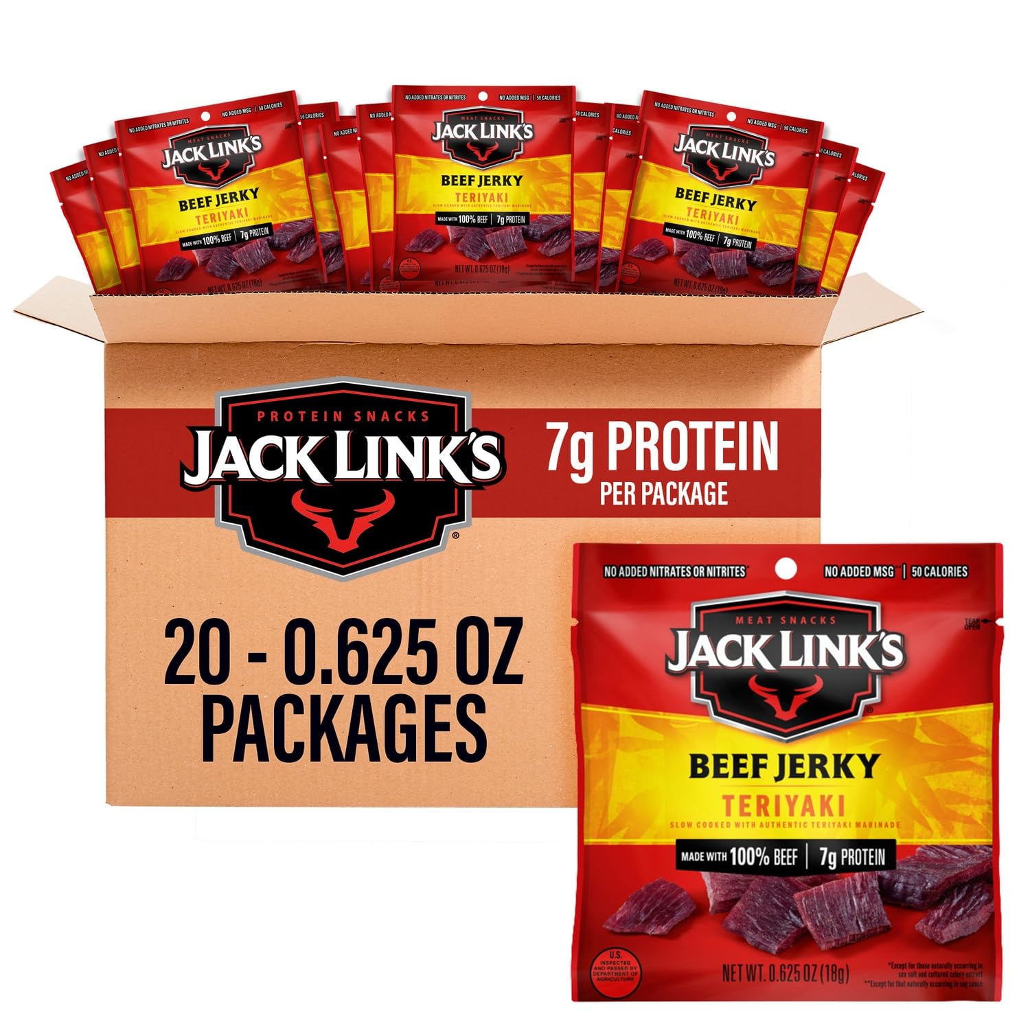 Jack Link's Teriyaki Beef Jerky Multipack - (20 Pack) 0.625 oz | Bags - Ready to Eat Real Meat Protein Snacks - 7g Protein per Serving - Made with 100% Real Beef