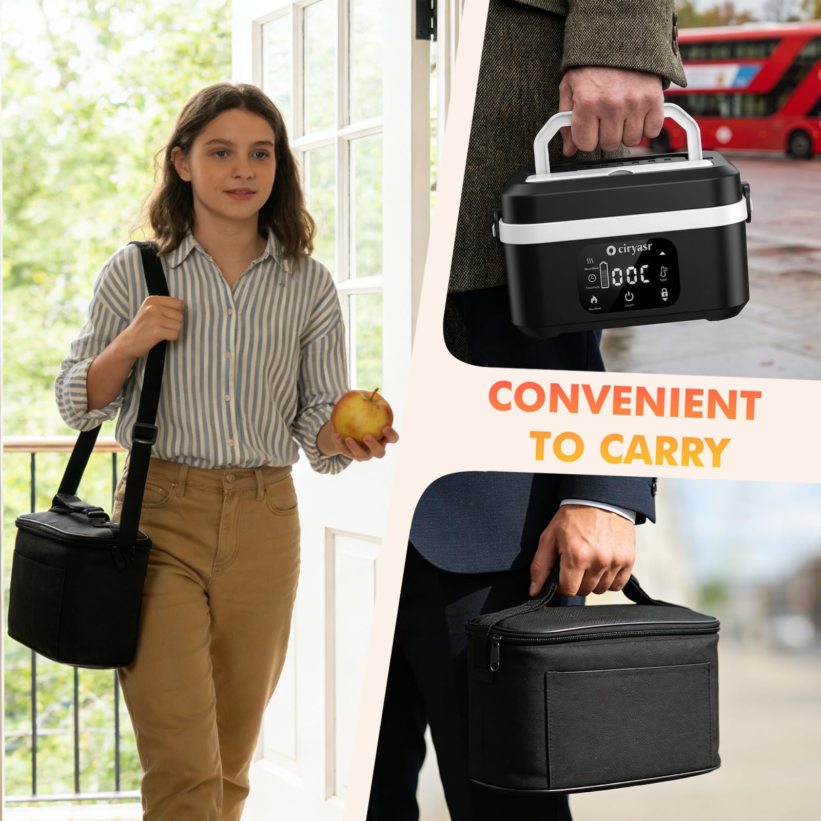 Scaldavivande Elettrico Portatile a Batteria 20000mAh, 100W Ricaricabile Lunch Box con Contenitore Interno da 1,35L in Acciaio Inox e Posate, Scaldavivande Senza Fili per Ufficio Auto Viaggi