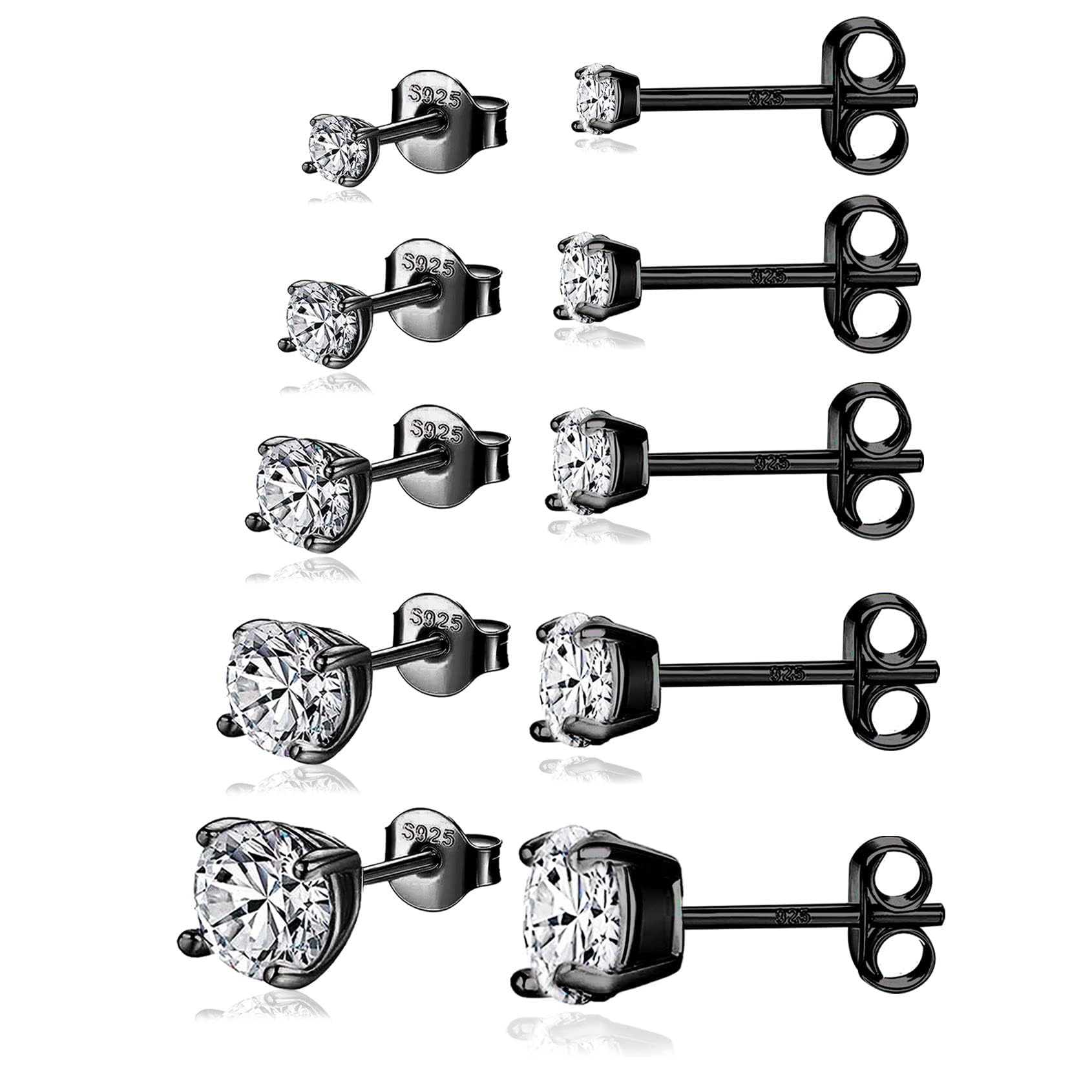 925 Sterling Silver Stud earrings Set | White Gold Plated Hypoallergenic Stud Earrings | Cubic Zirconia Stud Earrings for Women (2mm,3mm,4mm,5mm,6mm,7mm) 8 CZ colors options