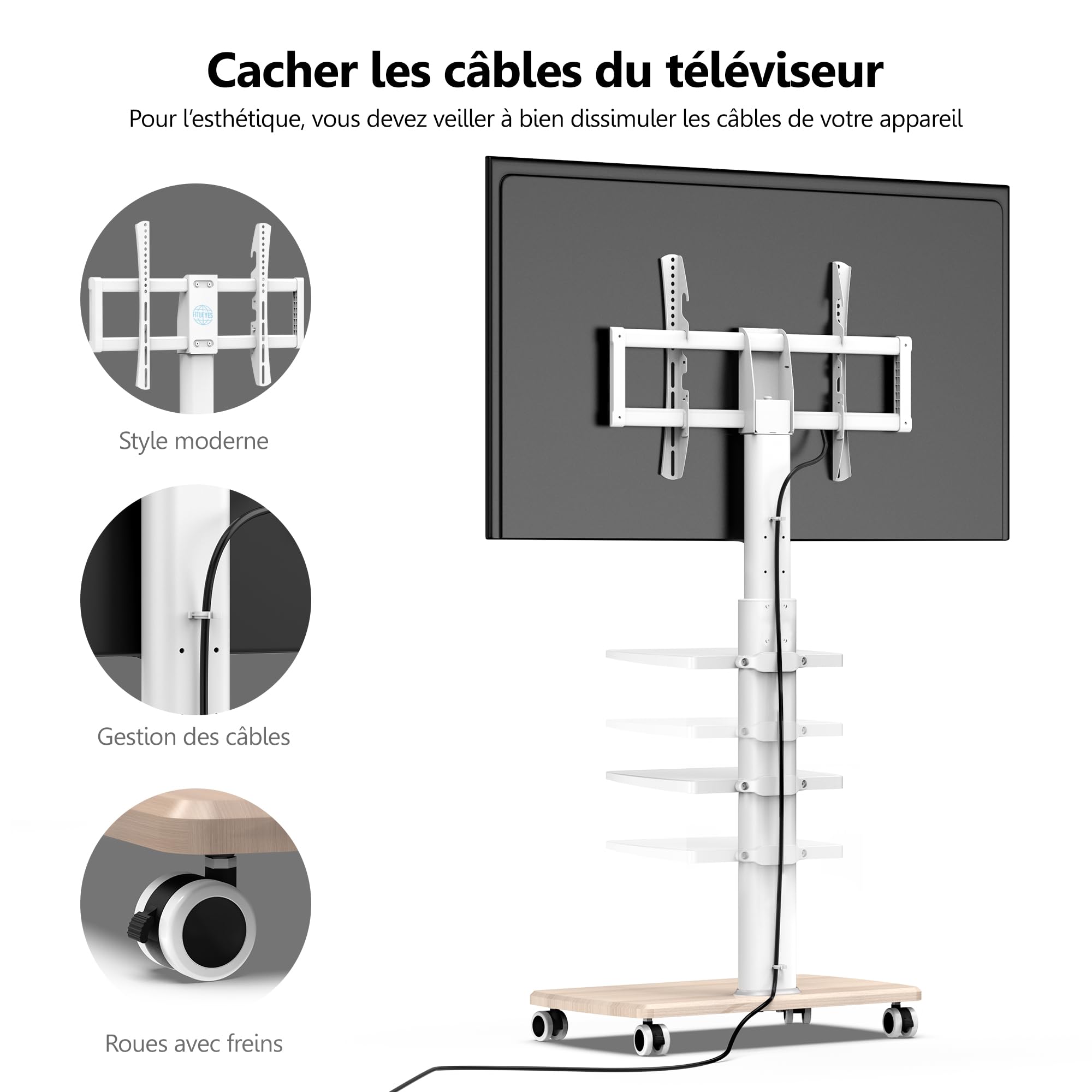 FITUEYES Support TV roulettes avec Pied en Bois pour TV de 32 à 70 Pouces,Support TV sur Pied 6 Réglables en Hauteur Pivotant 60° jusqu'à 40 KG- Max VESA 600X400 MM-Gestion des câbles
