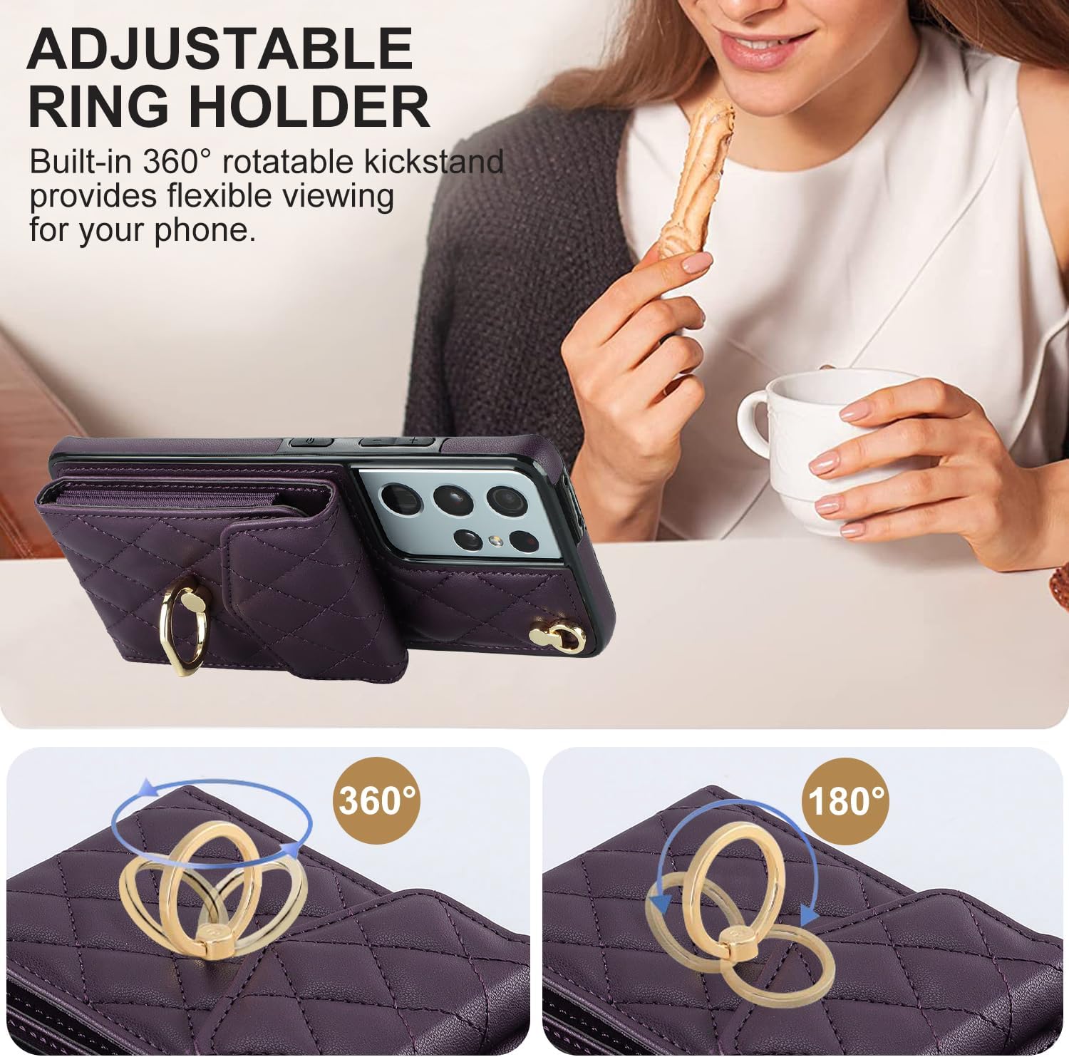 Phone Case for Samsung Galaxy S21 Ultra 5G Wallet Cover with Tempered Glass Screen Protector Wrist Strap Ring Stand RFID Blocking Card Holder Cell S21ultra 21S S 21 21ultra G5 Women Girls Dark Purple