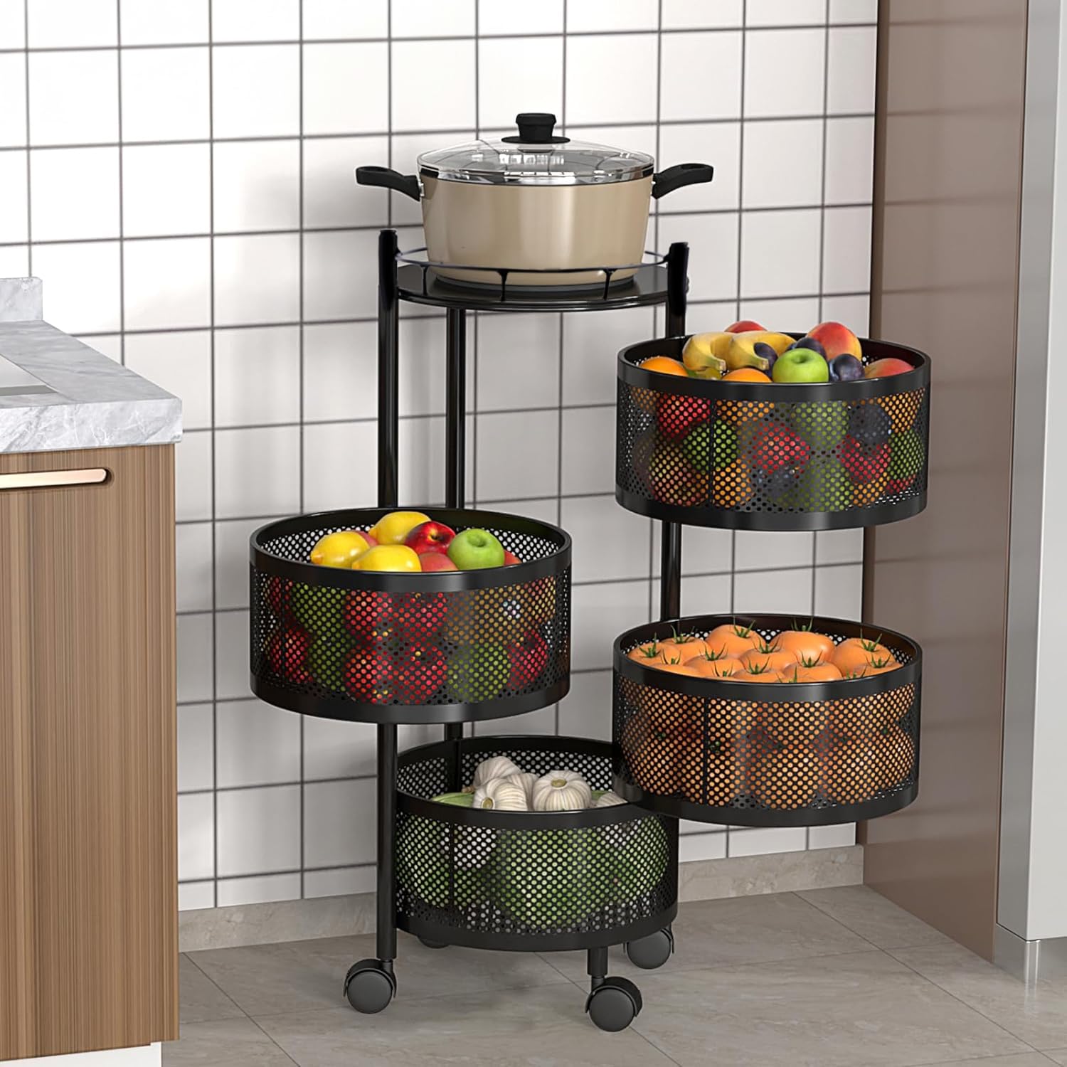 Kuber Industries Storage Rack | 4-Layer Round Multipurpose Storage Trolley with Wheels | Rotating Vegetable Kitchen Rack | Kitchen Cabinet Spice Rack | Metal Fruit Storage Rack | Black-image-32