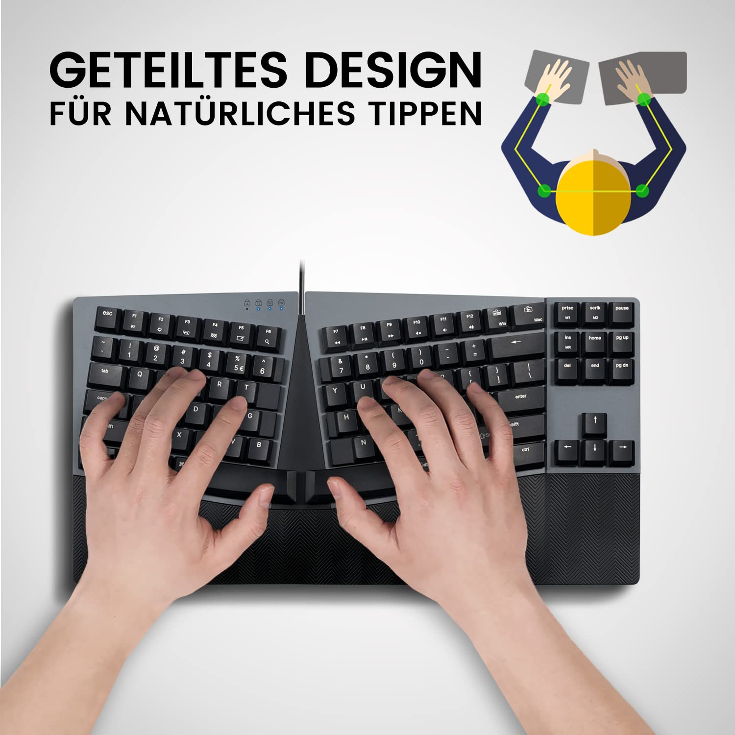 Perixx PERIBOARD-335RD DE, przewodowa, ergonomiczna klawiatura mechaniczna – Low-Profile Red Linear Switches – programowalna funkcja – kompatybilna z Windows i Mac OS X – niemiecki QWERTZ