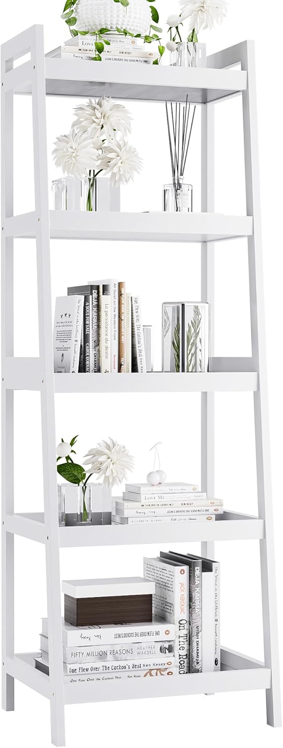 Bookshelf, 5 Tier Ladder Bookcase with Bamboo Frame, Freestanding Tall Narrow Display Plant Shelf for Living Room, Kitchen, Bedroom, Balcony, White