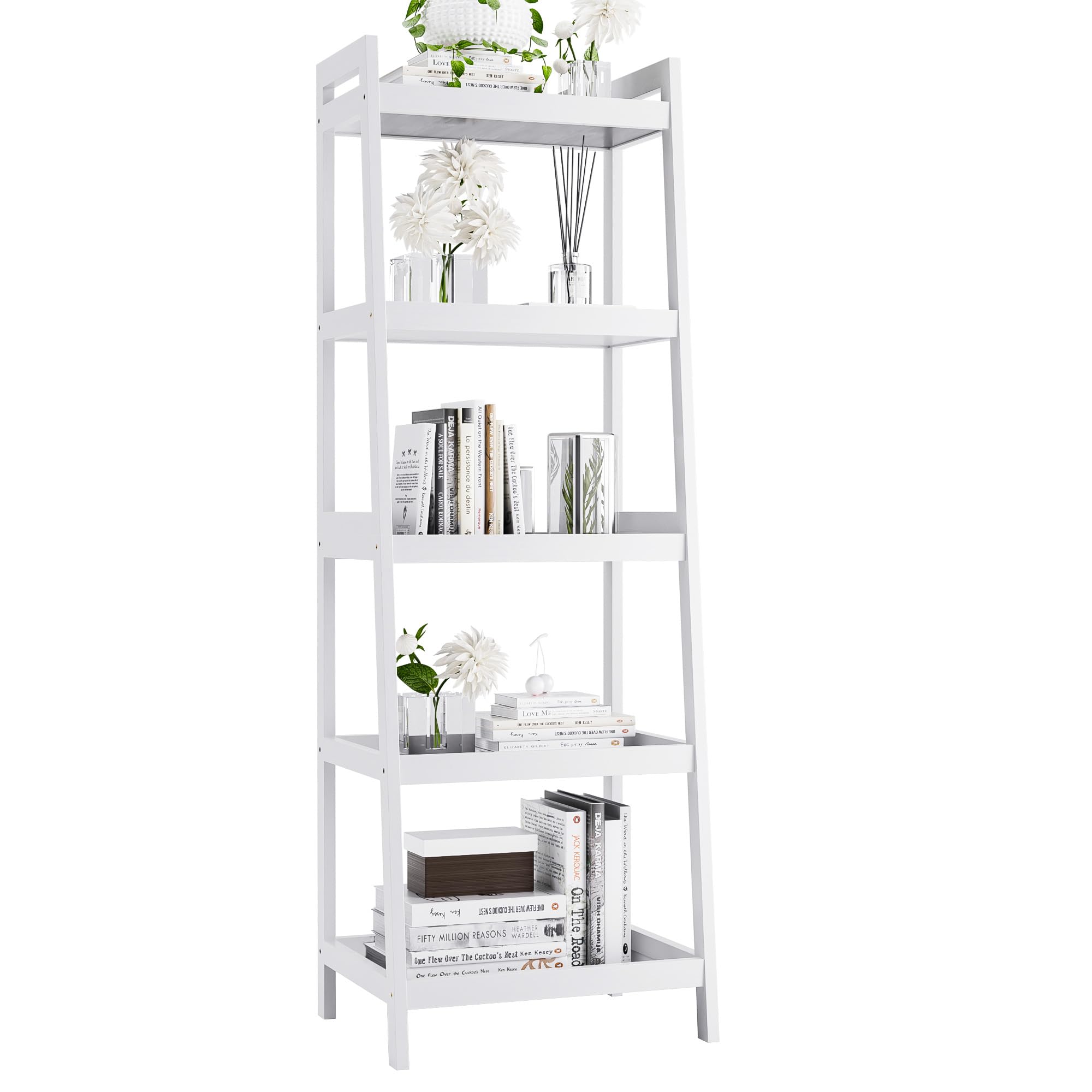 vovala Estantería, Estantería de Escalera de 5 Niveles con Marco de bambú, Estante de Plantas de exhibición Estrecho Alto e Independiente para Sala de Estar, Cocina, Dormitorio, balcón, Blanco