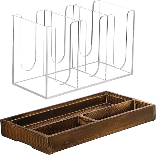 Miniatura 6 de MyGift Moderno organizador rústico de barra de café y estación de té, 3 ranuras extraíbles de acrílico transparente de alta calidad con bandeja de