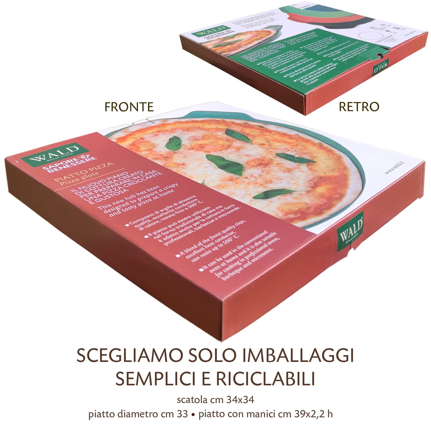 Wald - Cuoci Pizza in Argilla, per Cottura su Barbecue, Forno e Microonde fino a 500°C. Piastra Smaltata per Preparare in Casa Pizze Croccanti e Saporite. 4 Colori diametro cm 33