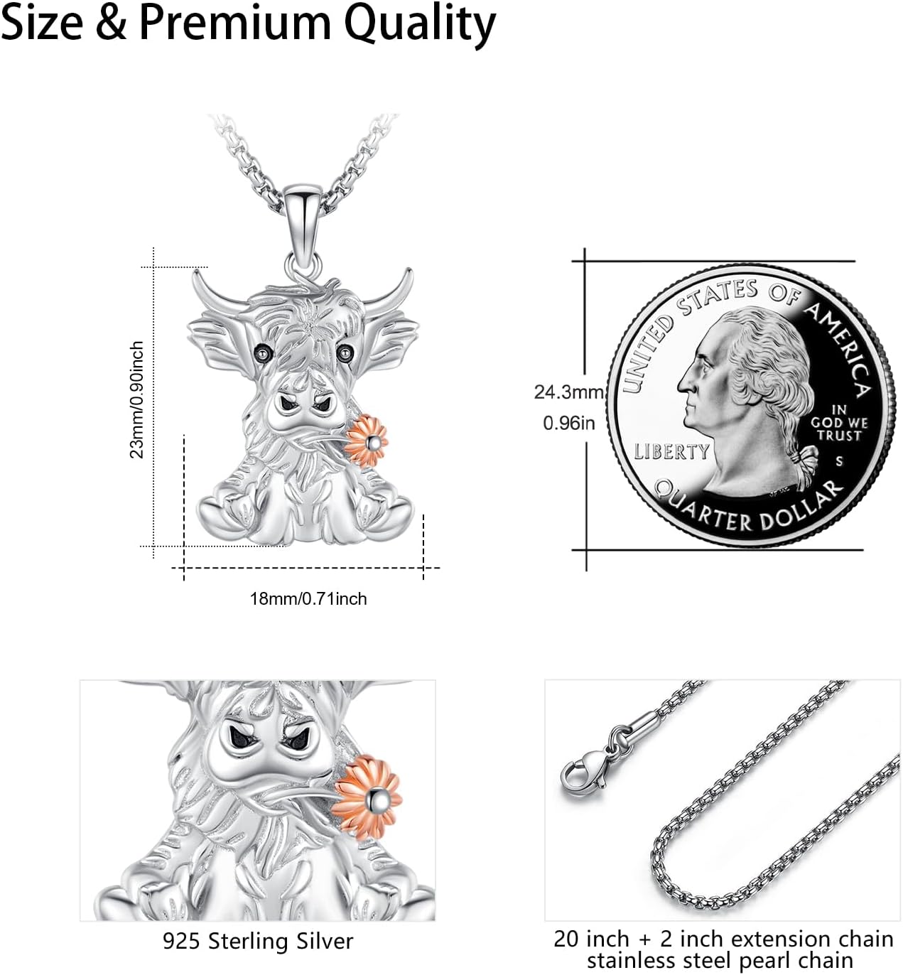 CUOKA MIRACLE Highland Cow Necklace for Women 925 Sterling Silver Highland Cow Pendant Necklace Animal Jewelry Gifts for Women on Birthday Mother's Day Anniversary Christmas - Image 5