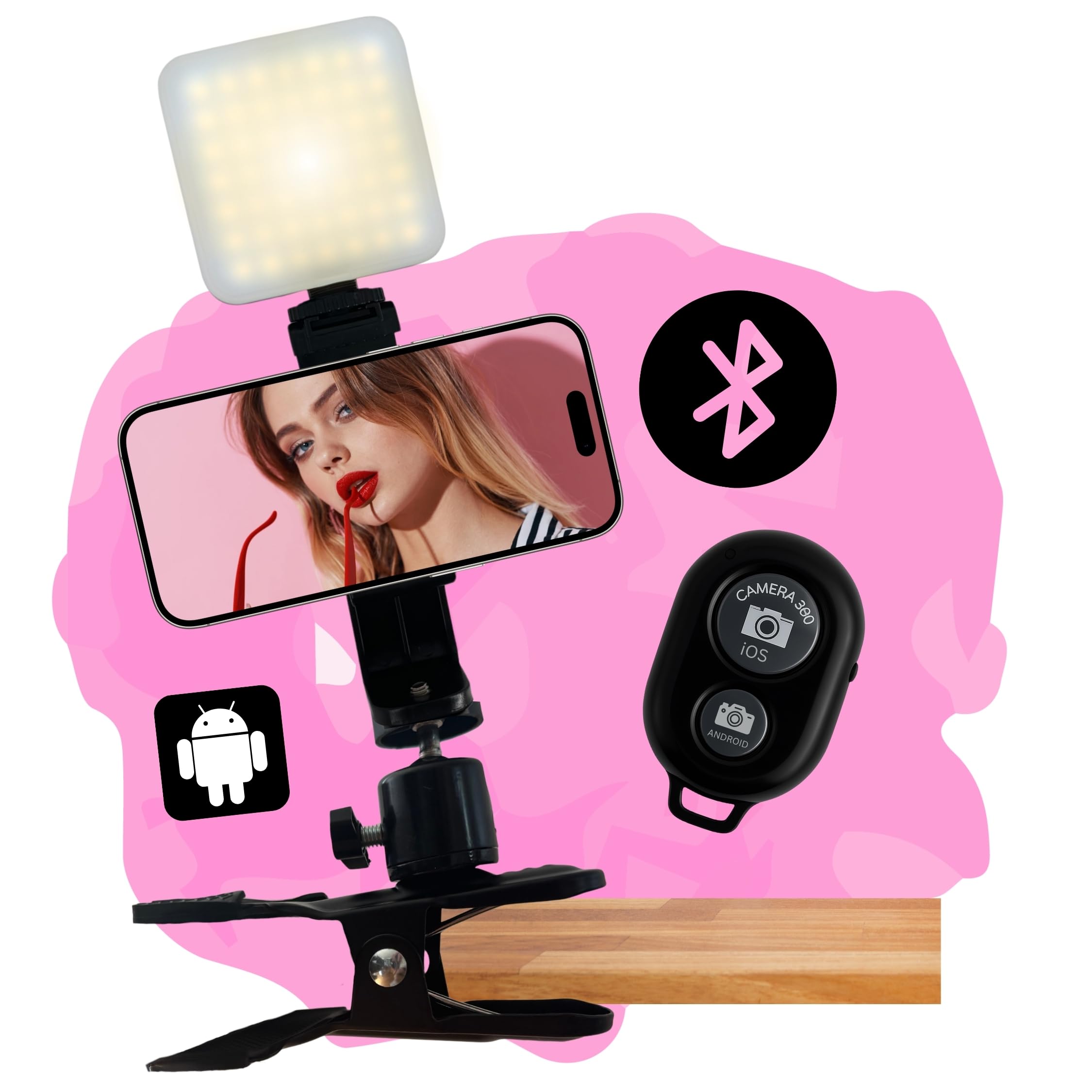 TronicXL Uchwyt stołowy do smartfona z wyzwalaczem do selfie i lampą LED, statyw zaciskowy, uchwyt zaciskowy, uchwyt do iPhone'a, telefonu komórkowego, statywu do aparatu, stołów, statywu wideo
