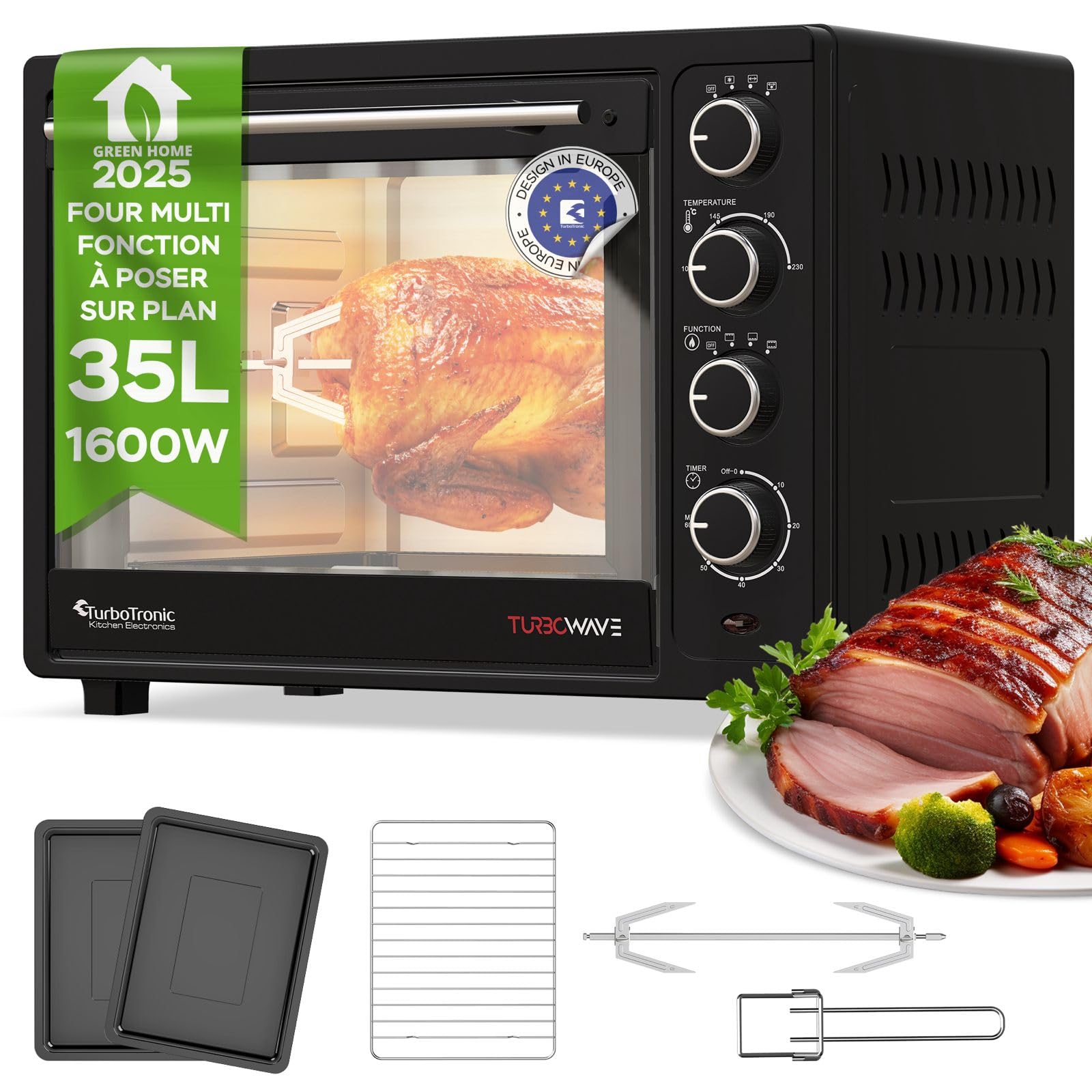 TurboTronic Mini Four à Convection avec Rôtissoire, 35L, 1600W – Four Compact Multifonctions Idéal pour Pizza, Camping et Cuisine Maison, Inclus 2 Plaques de Cuisson