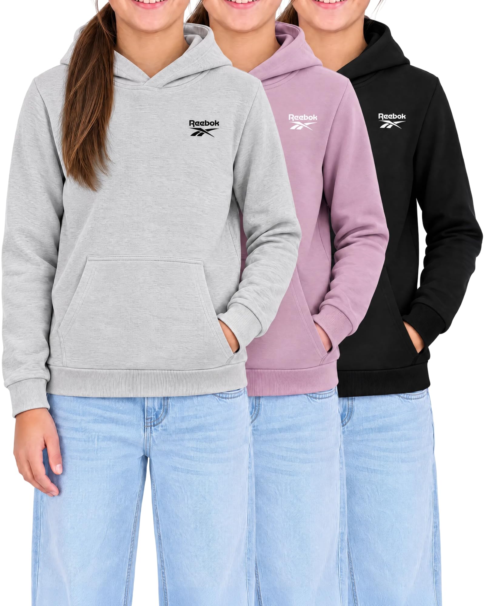 Reebok 3 Pack Girls Fleece Pullover Hoodie Hooded Sweatshirt Kids Teen